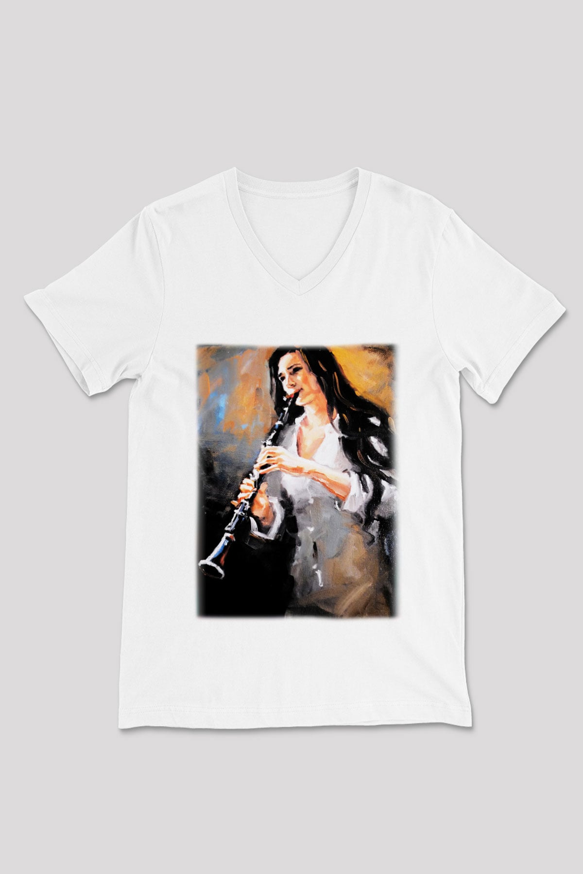 Klarnetçi Beyaz Unisex V Yaka Tişört T-Shirt