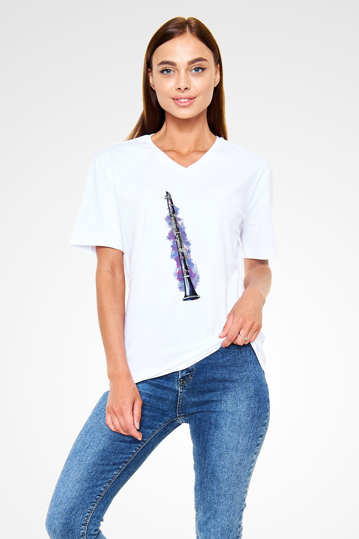 Klarnetçi Beyaz Unisex V Yaka Tişört T-Shirt