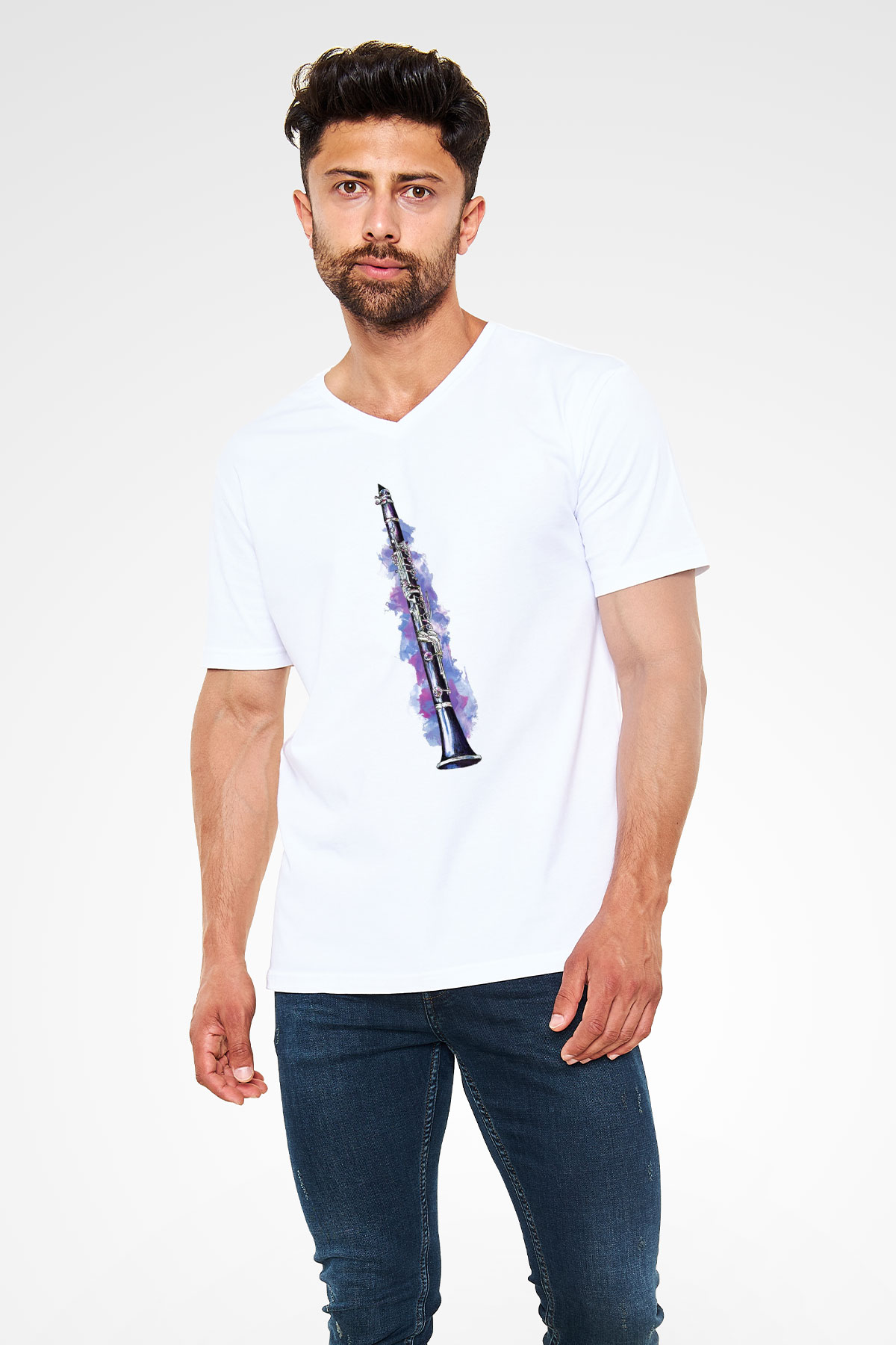 Klarnetçi Beyaz Unisex V Yaka Tişört T-Shirt