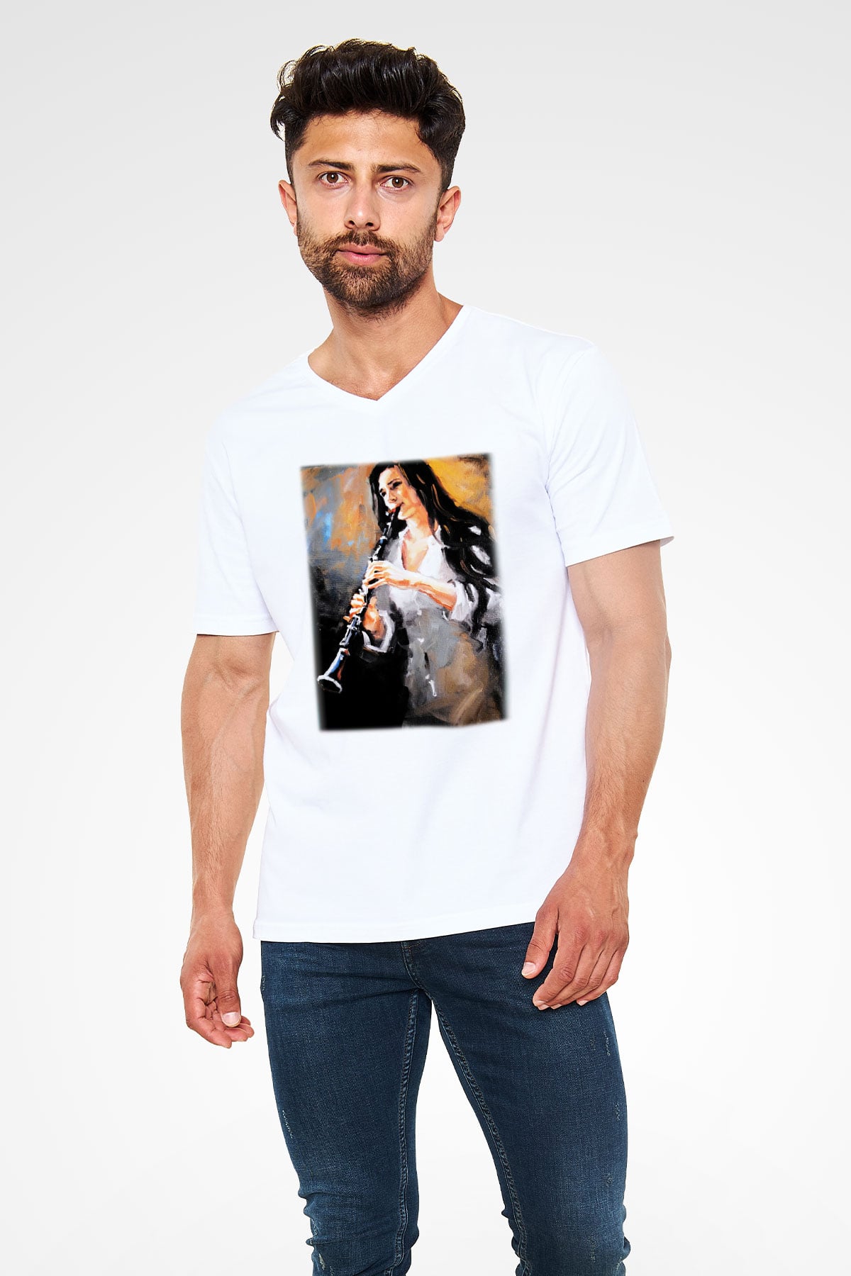 Klarnetçi Beyaz Unisex V Yaka Tişört T-Shirt