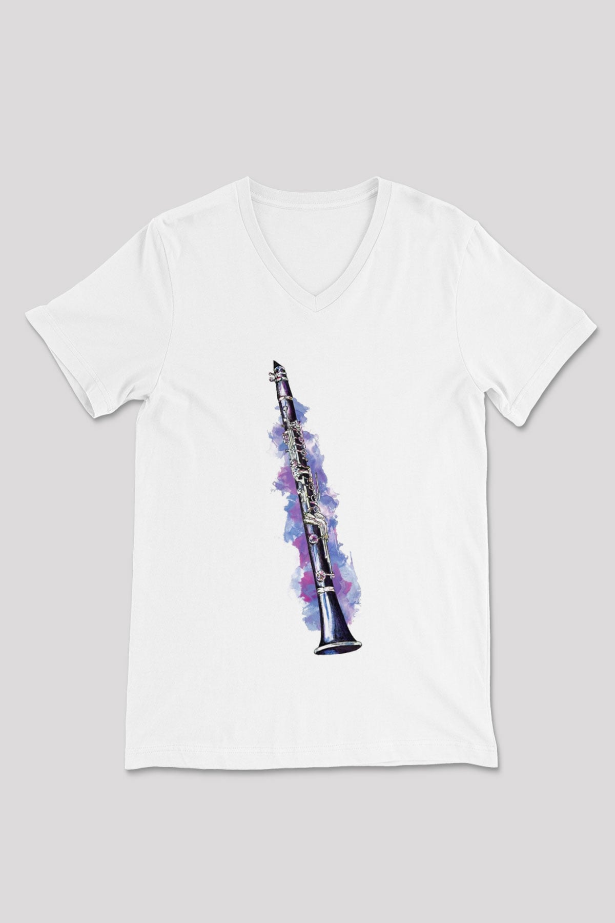 Klarnetçi Beyaz Unisex V Yaka Tişört T-Shirt