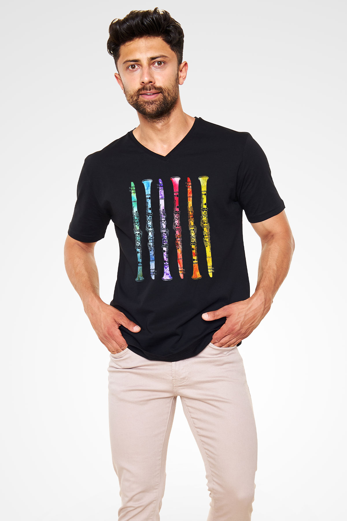 Klarnetçi Siyah Unisex V Yaka Tişört T-Shirt