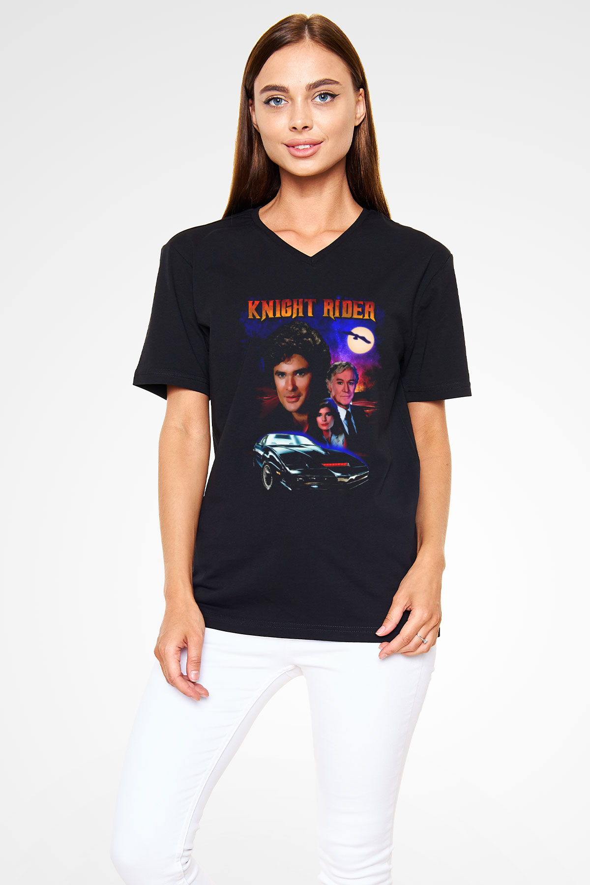 Knight Rider Siyah Unisex  V Yaka Tişört