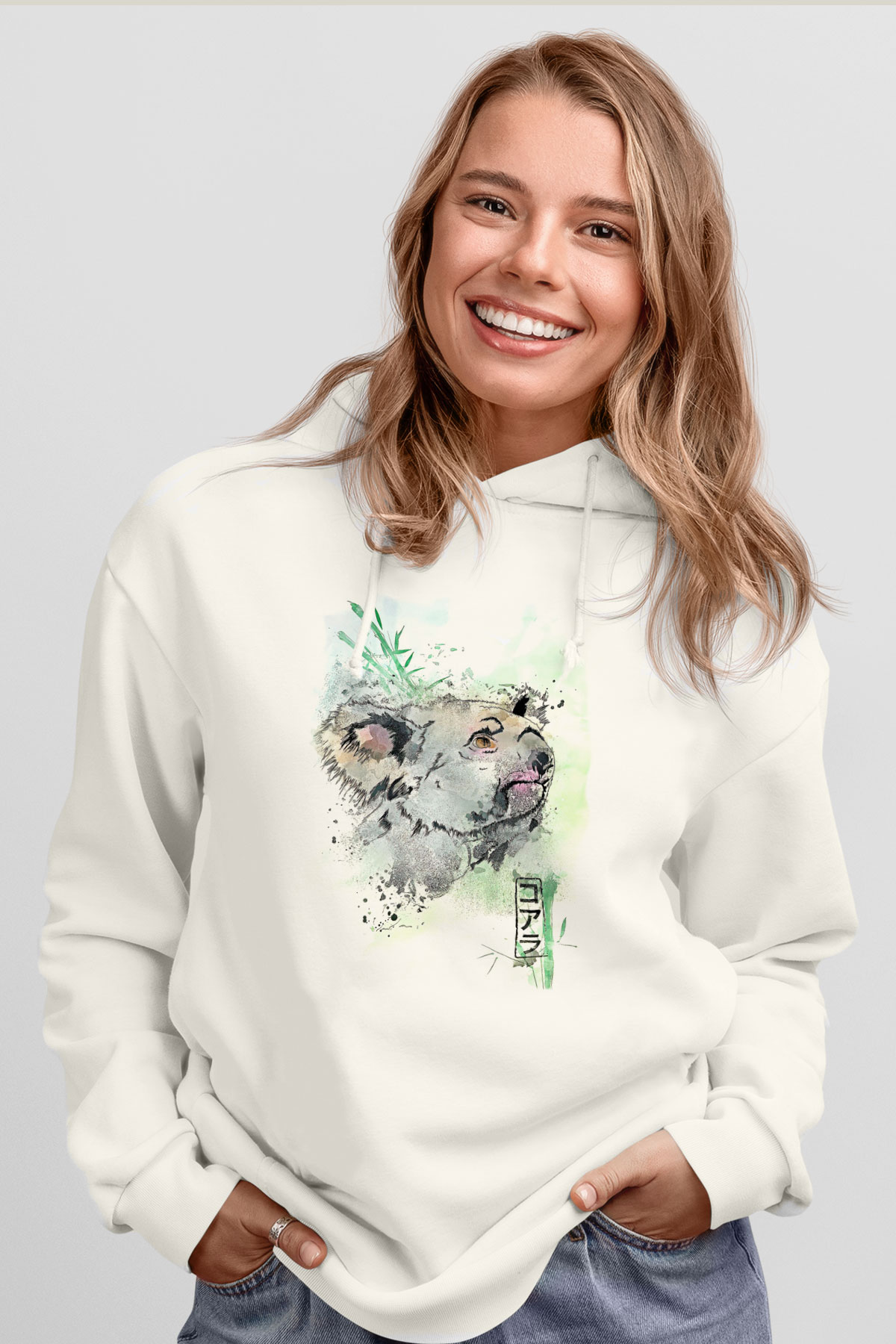 Koala Baskılı Beyaz Unisex Hoodie