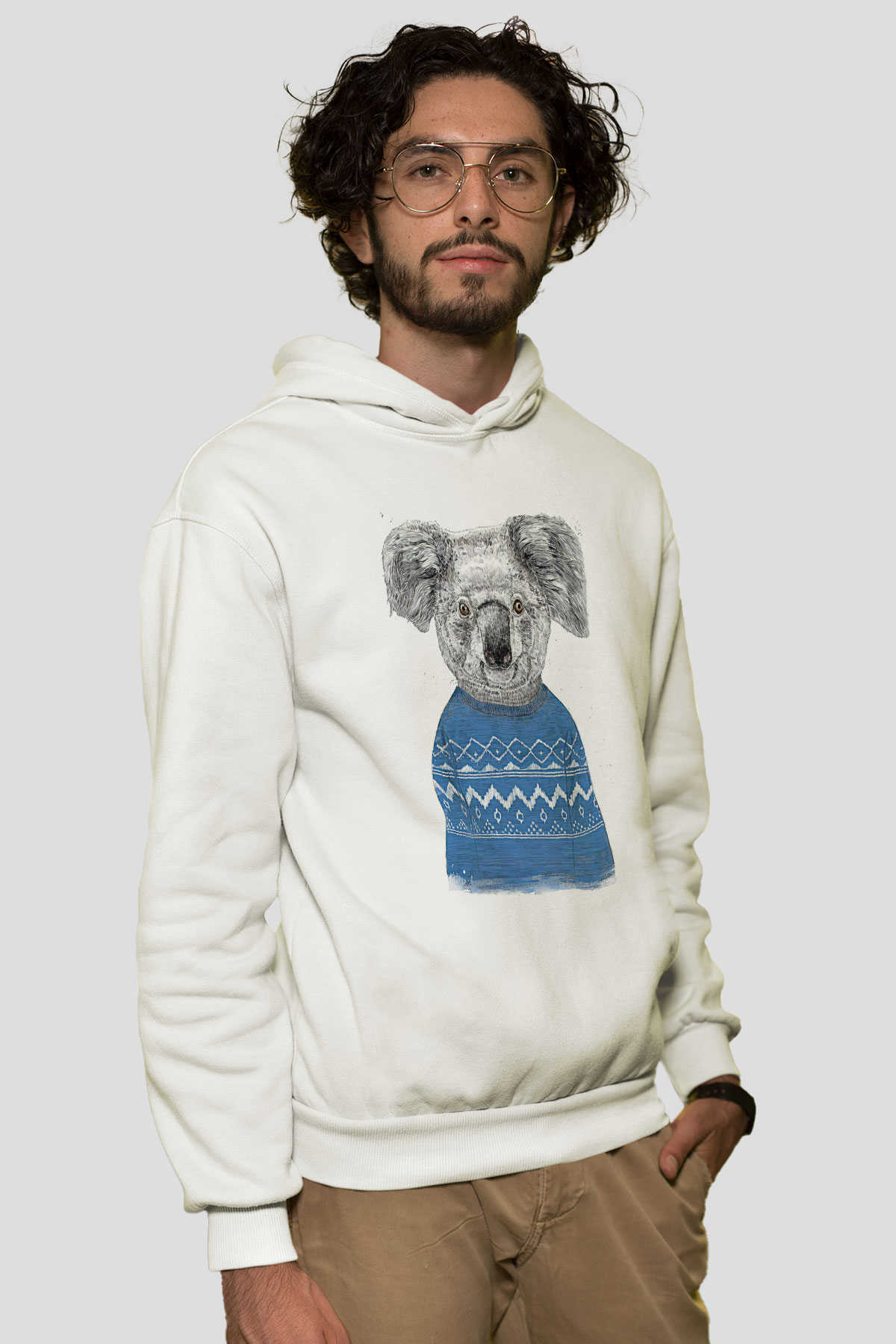 Koala Baskılı Beyaz Unisex Hoodie
