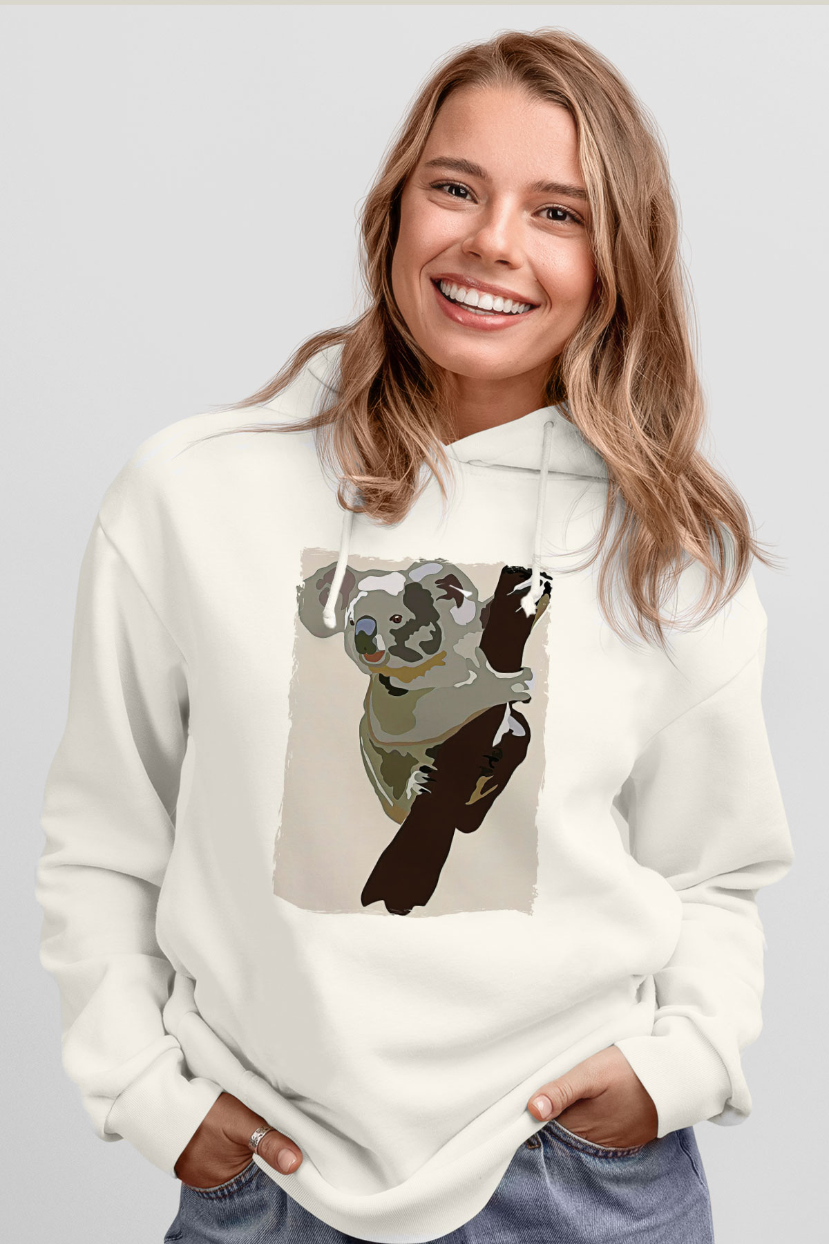 Koala Baskılı Beyaz Unisex Hoodie