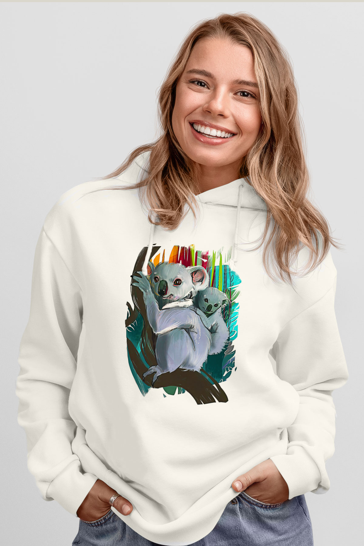 Koala Baskılı Beyaz Unisex Hoodie