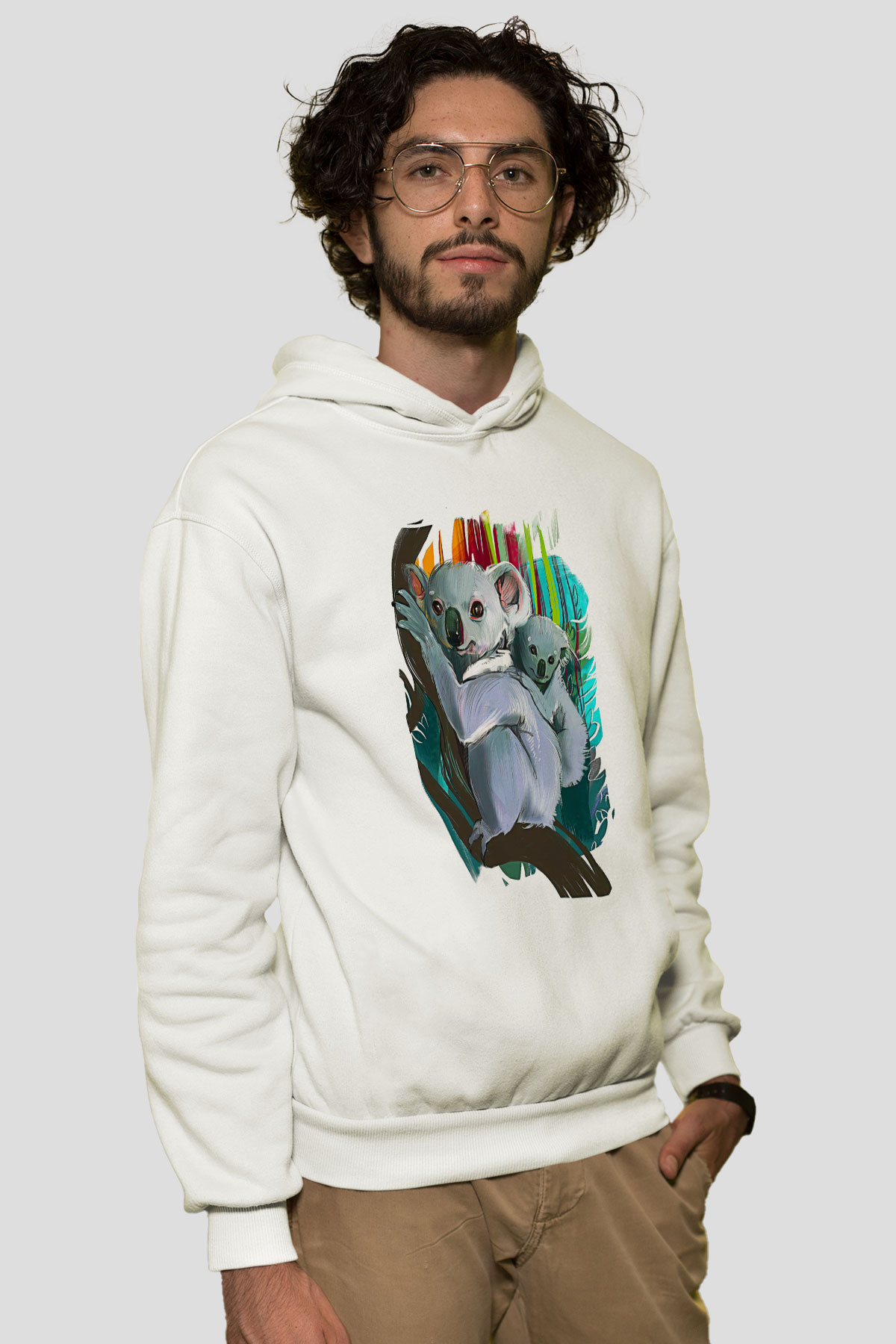 Koala Baskılı Beyaz Unisex Hoodie