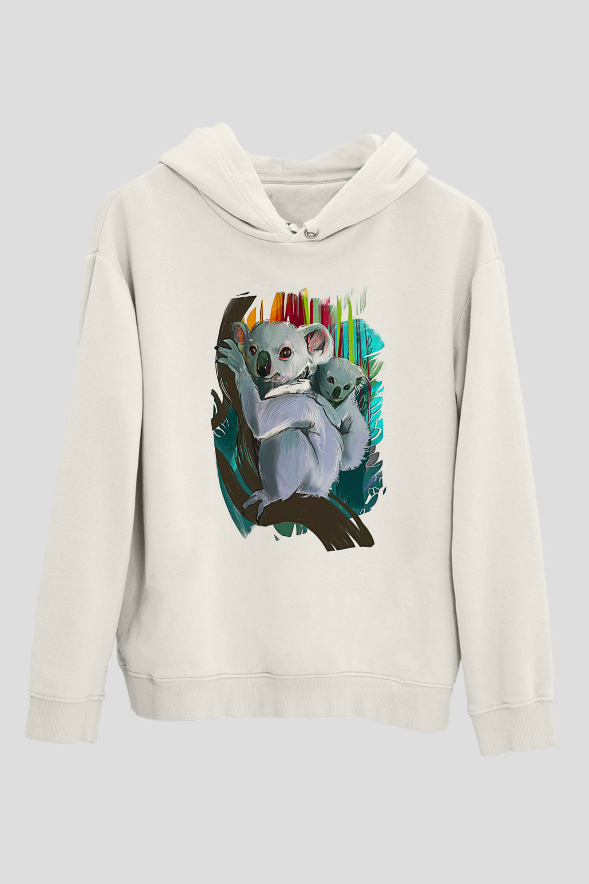 Koala Baskılı Beyaz Unisex Hoodie
