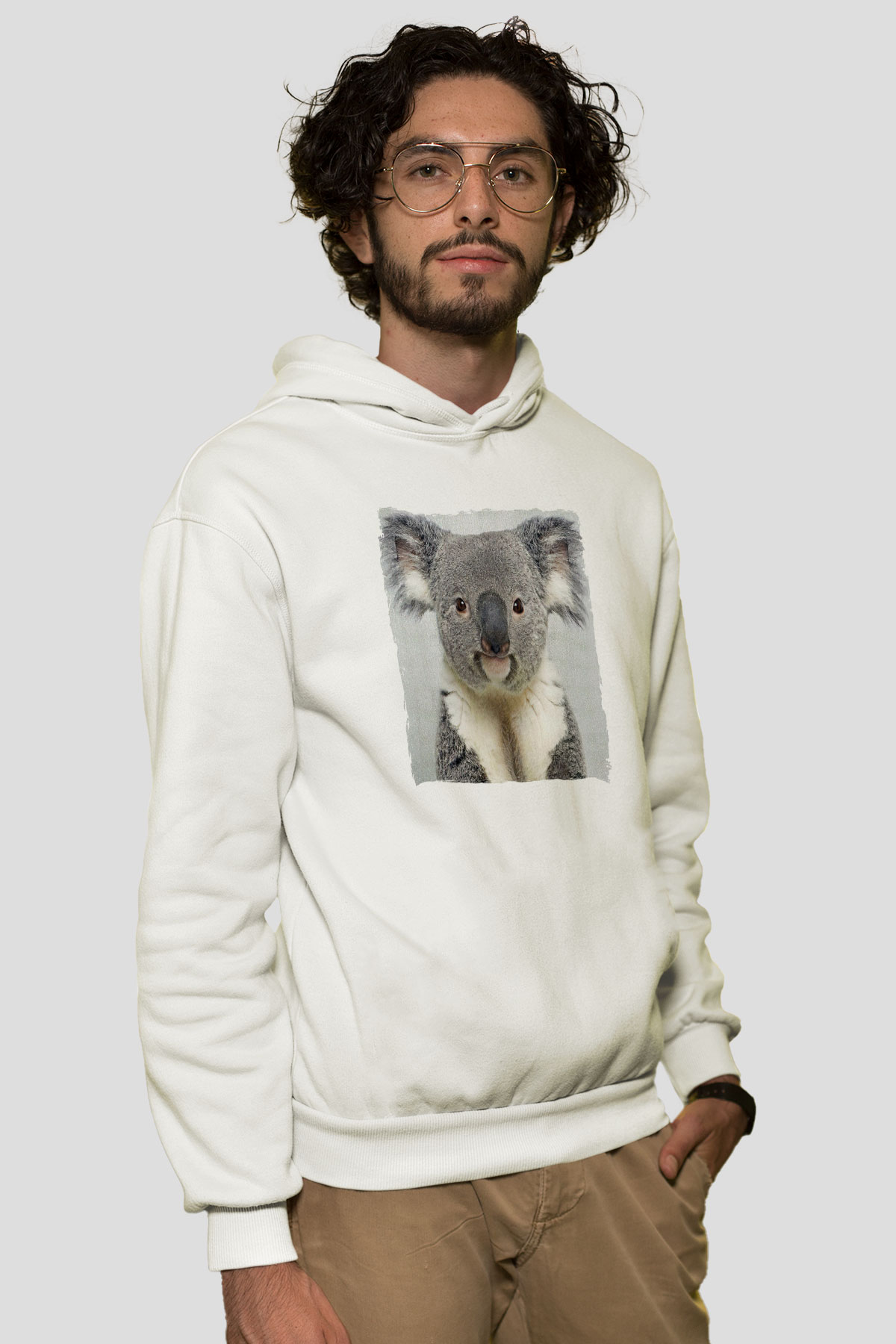 Koala Baskılı Beyaz Unisex Hoodie