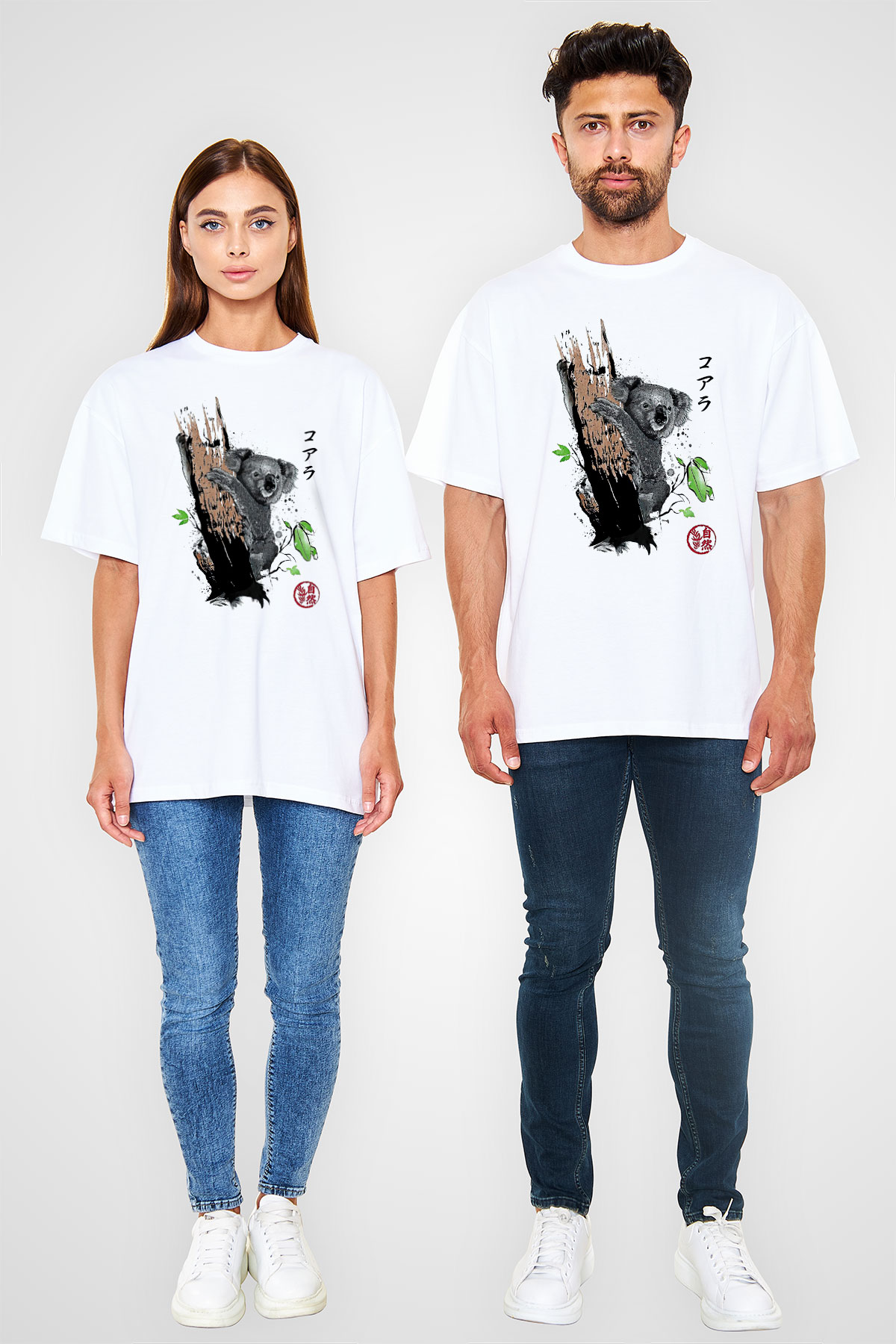 Koala Baskılı Beyaz Unisex Oversize Tişört - Tshirt