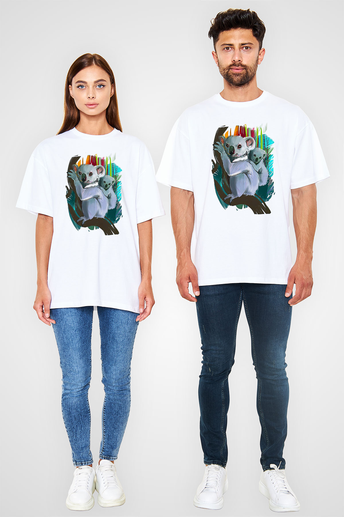 Koala Baskılı Beyaz Unisex Oversize Tişört - Tshirt