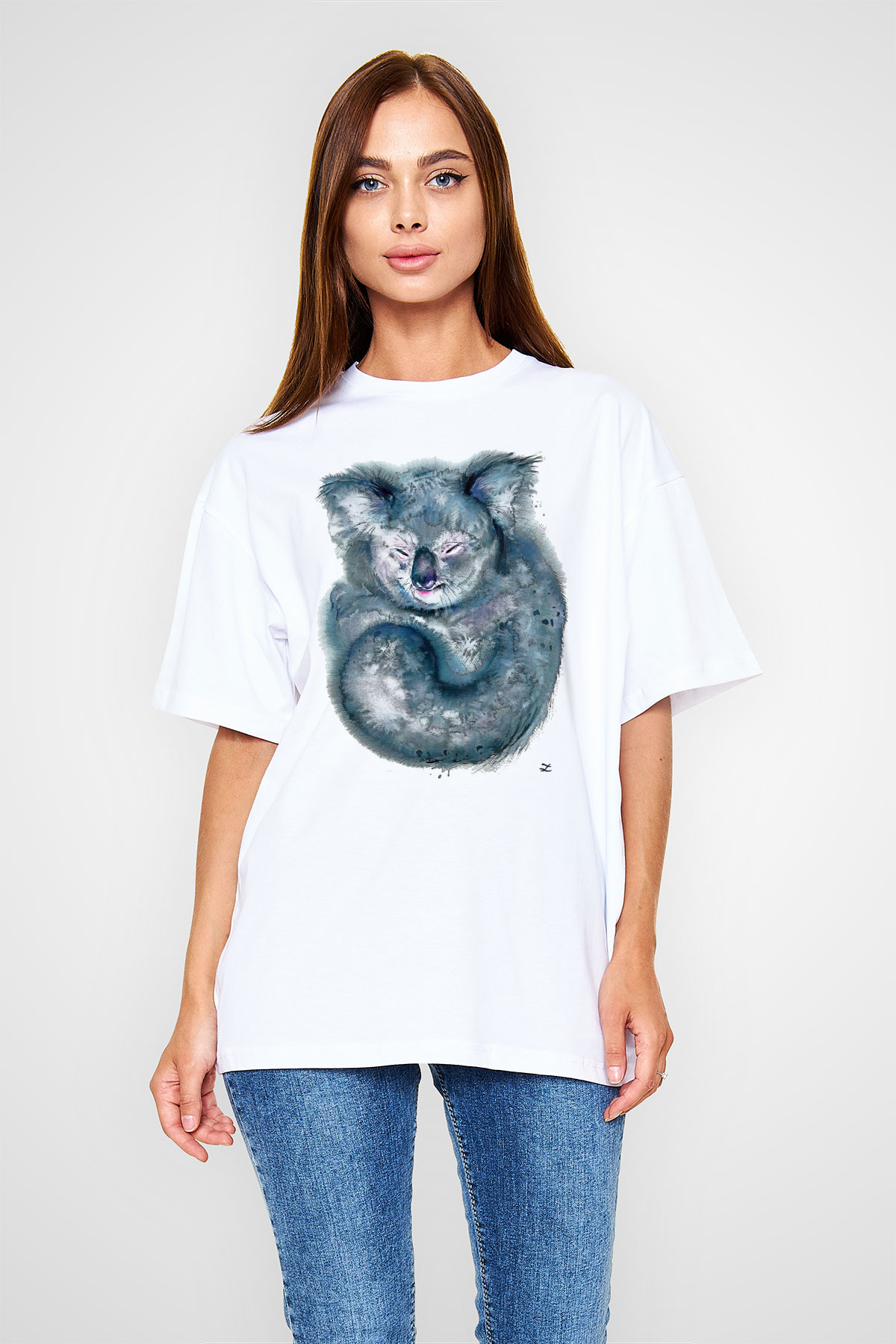 Koala Baskılı Beyaz Unisex Oversize Tişört - Tshirt