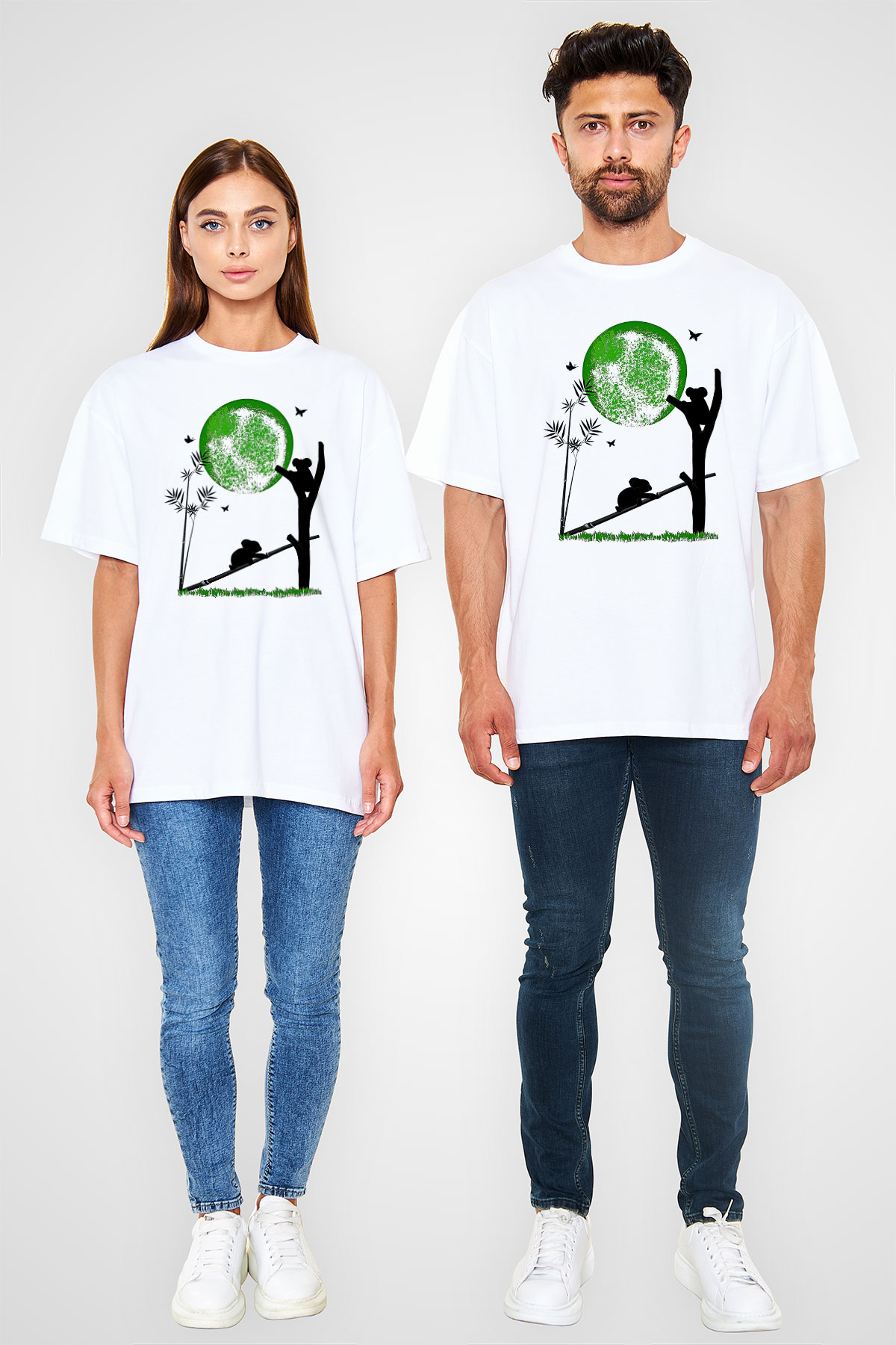 Koala Baskılı Beyaz Unisex Oversize Tişört - Tshirt