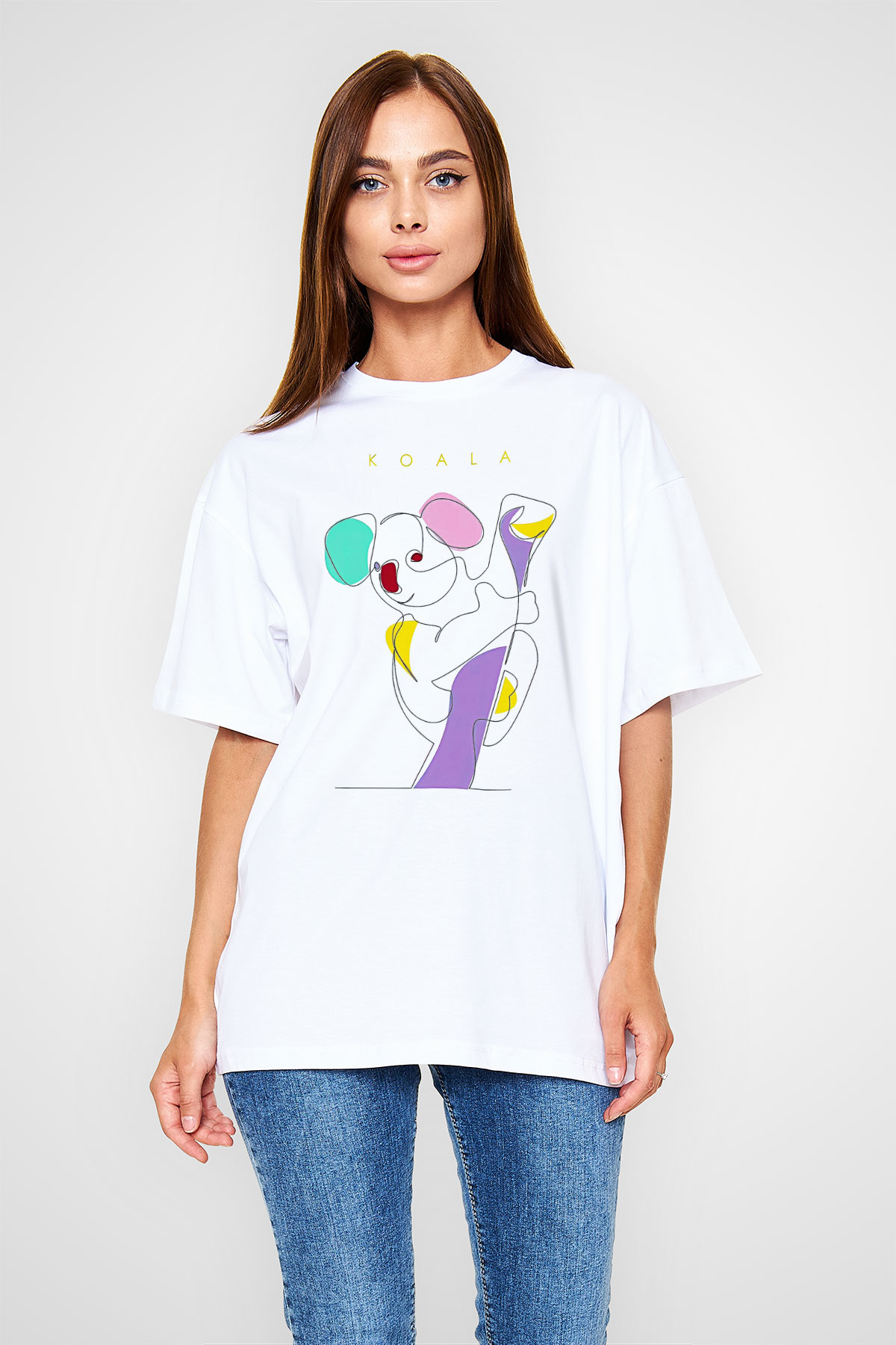 Koala Baskılı Beyaz Unisex Oversize Tişört - Tshirt