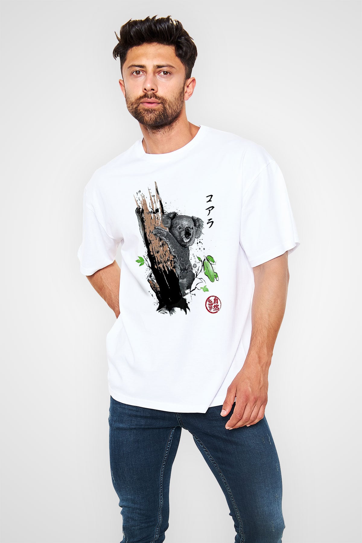 Koala Baskılı Beyaz Unisex Oversize Tişört - Tshirt