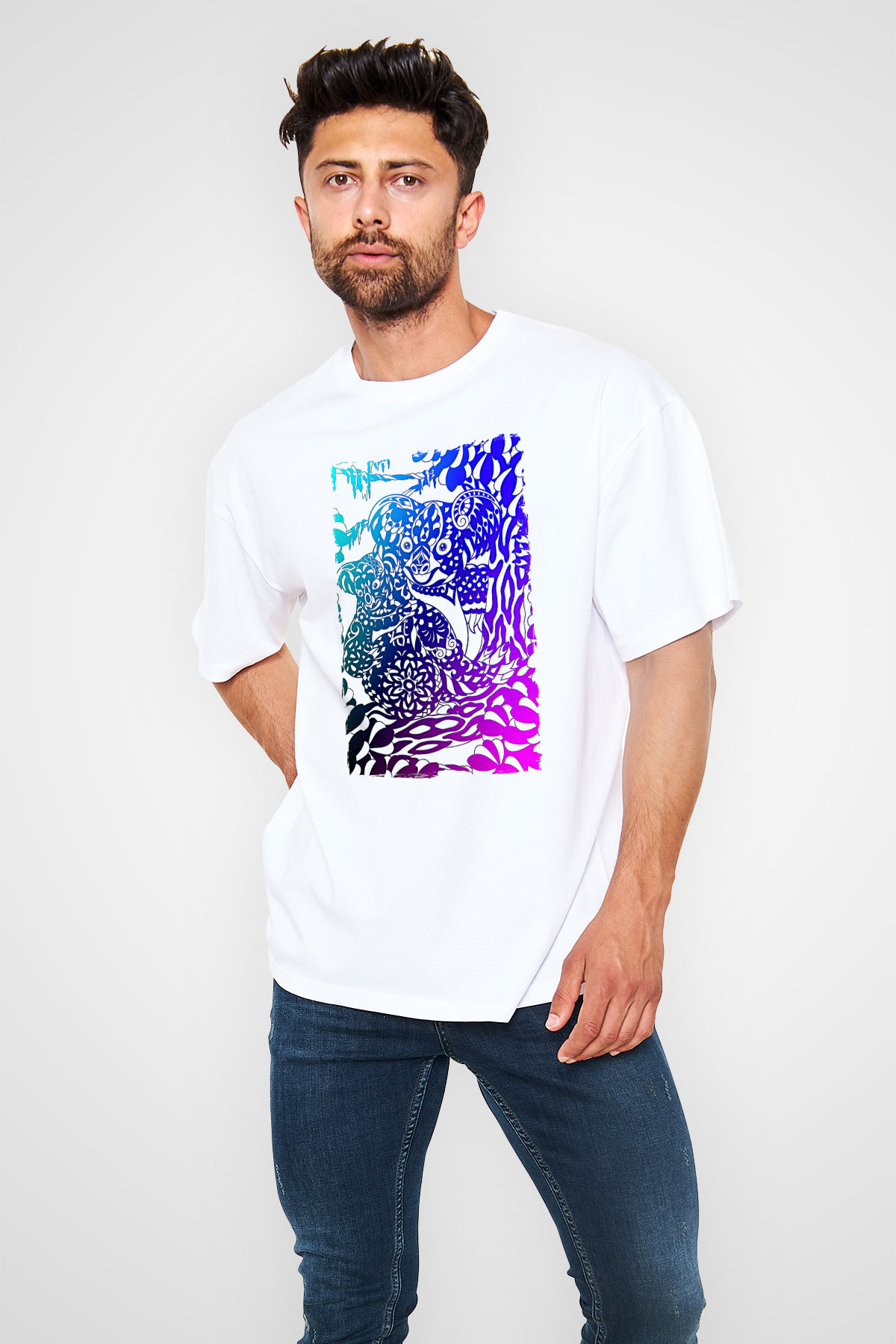 Koala Baskılı Beyaz Unisex Oversize Tişört - Tshirt