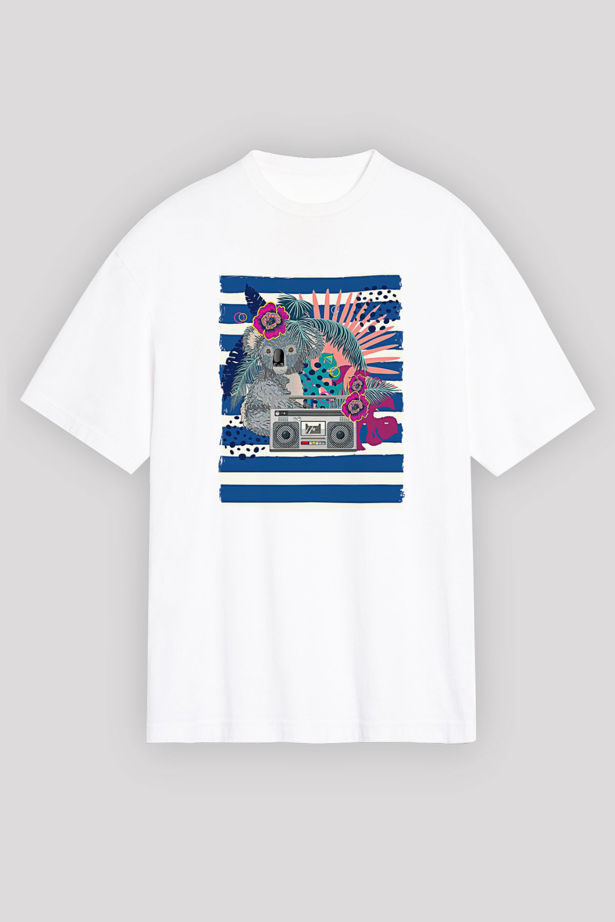 Koala Baskılı Beyaz Unisex Oversize Tişört - Tshirt