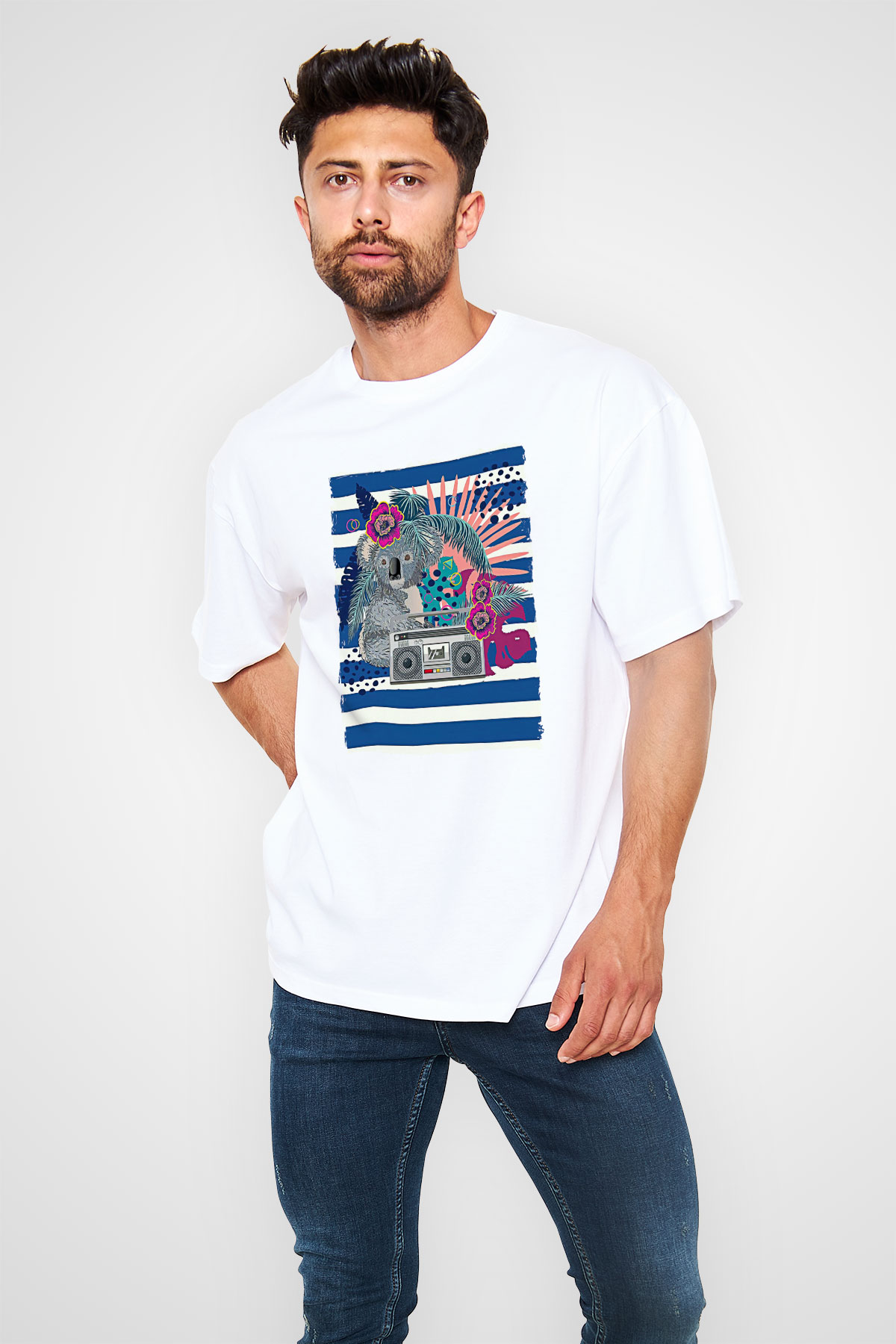 Koala Baskılı Beyaz Unisex Oversize Tişört - Tshirt