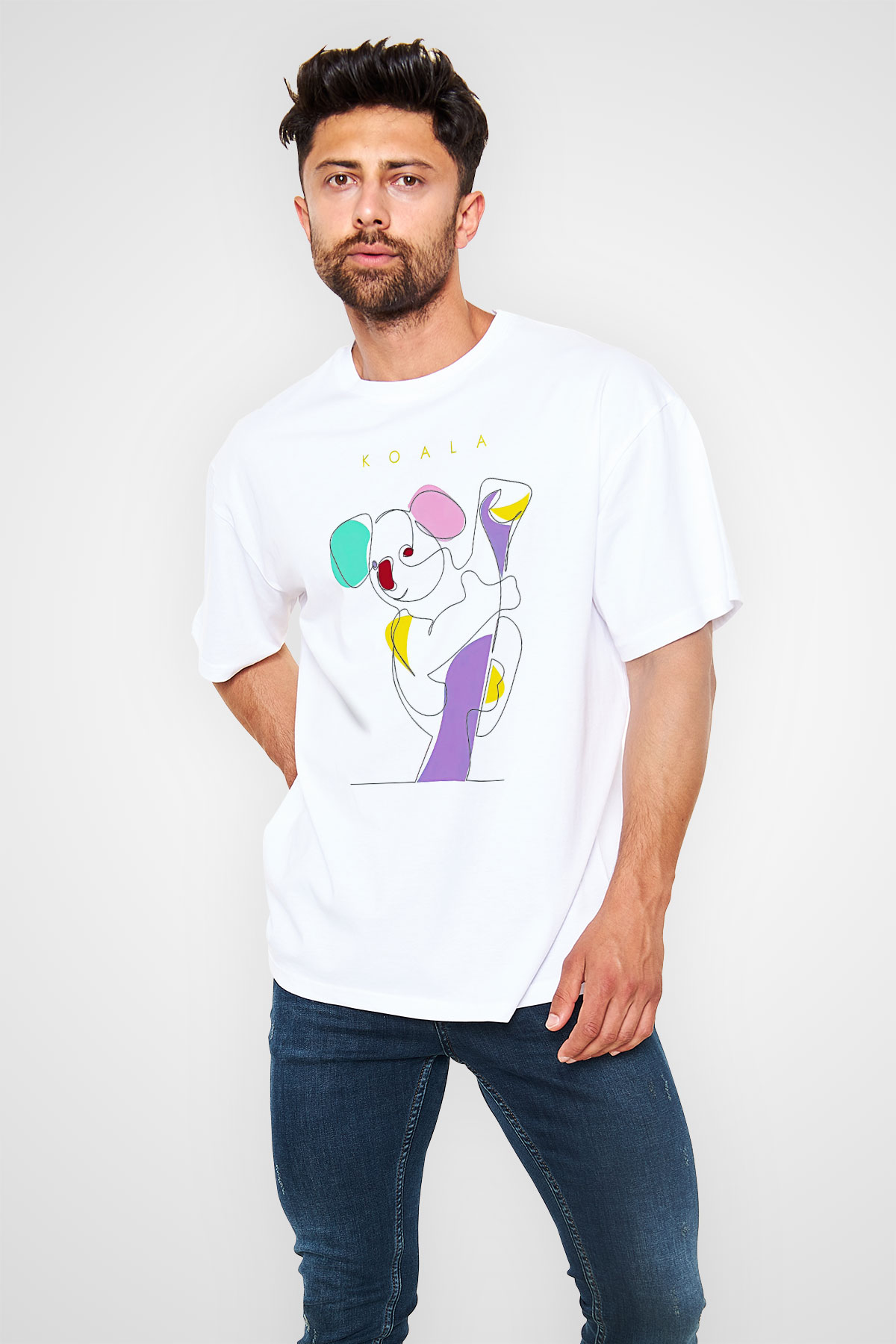 Koala Baskılı Beyaz Unisex Oversize Tişört - Tshirt