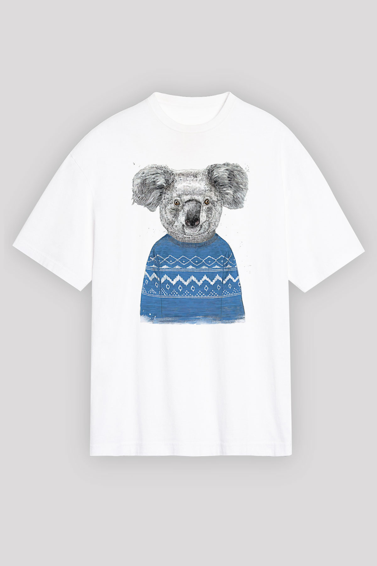 Koala Baskılı Beyaz Unisex Oversize Tişört - Tshirt