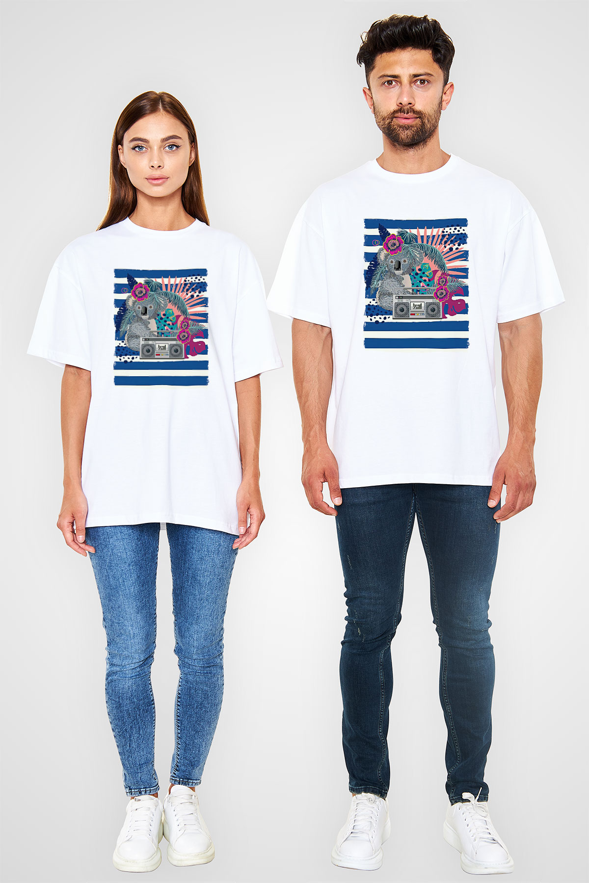 Koala Baskılı Beyaz Unisex Oversize Tişört - Tshirt