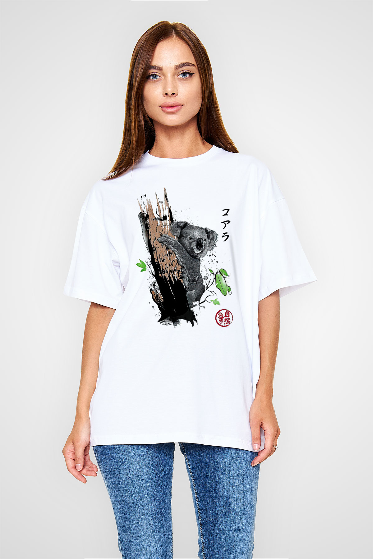 Koala Baskılı Beyaz Unisex Oversize Tişört - Tshirt