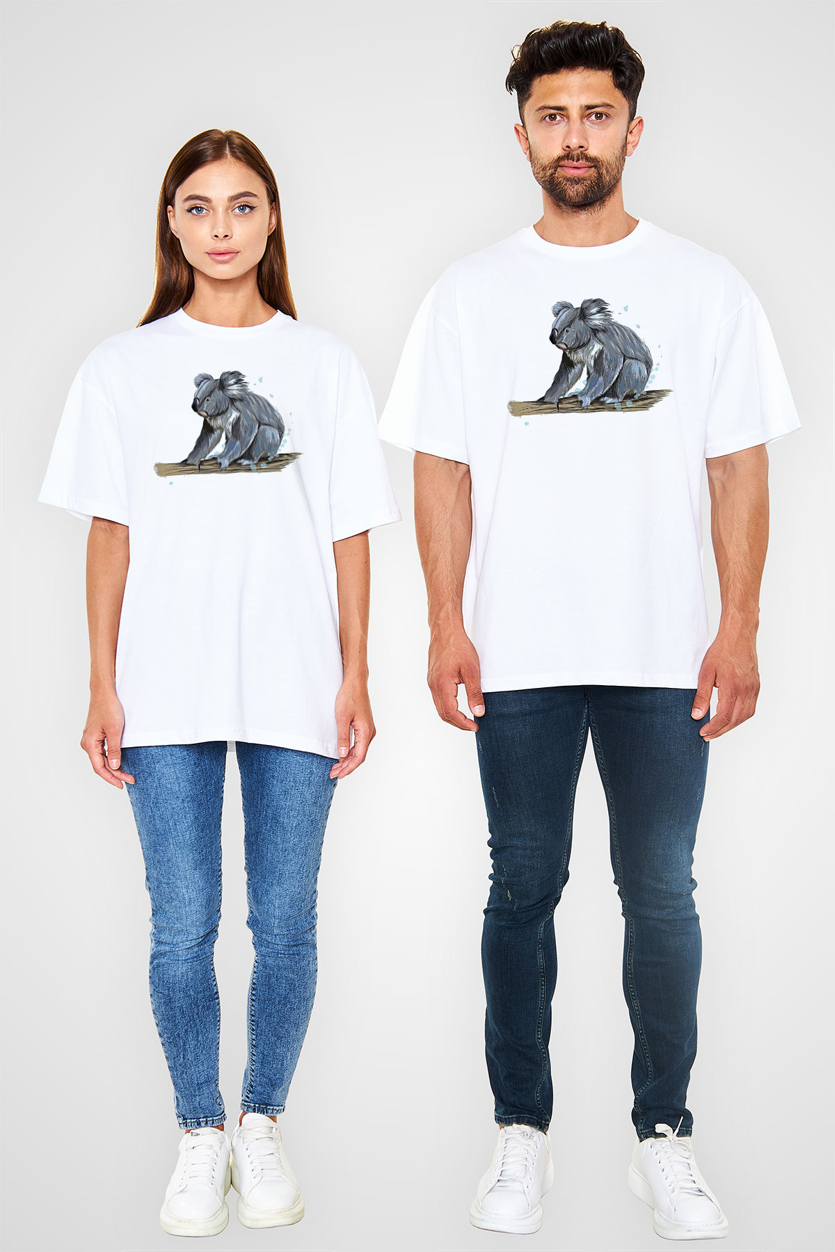 Koala Baskılı Beyaz Unisex Oversize Tişört - Tshirt