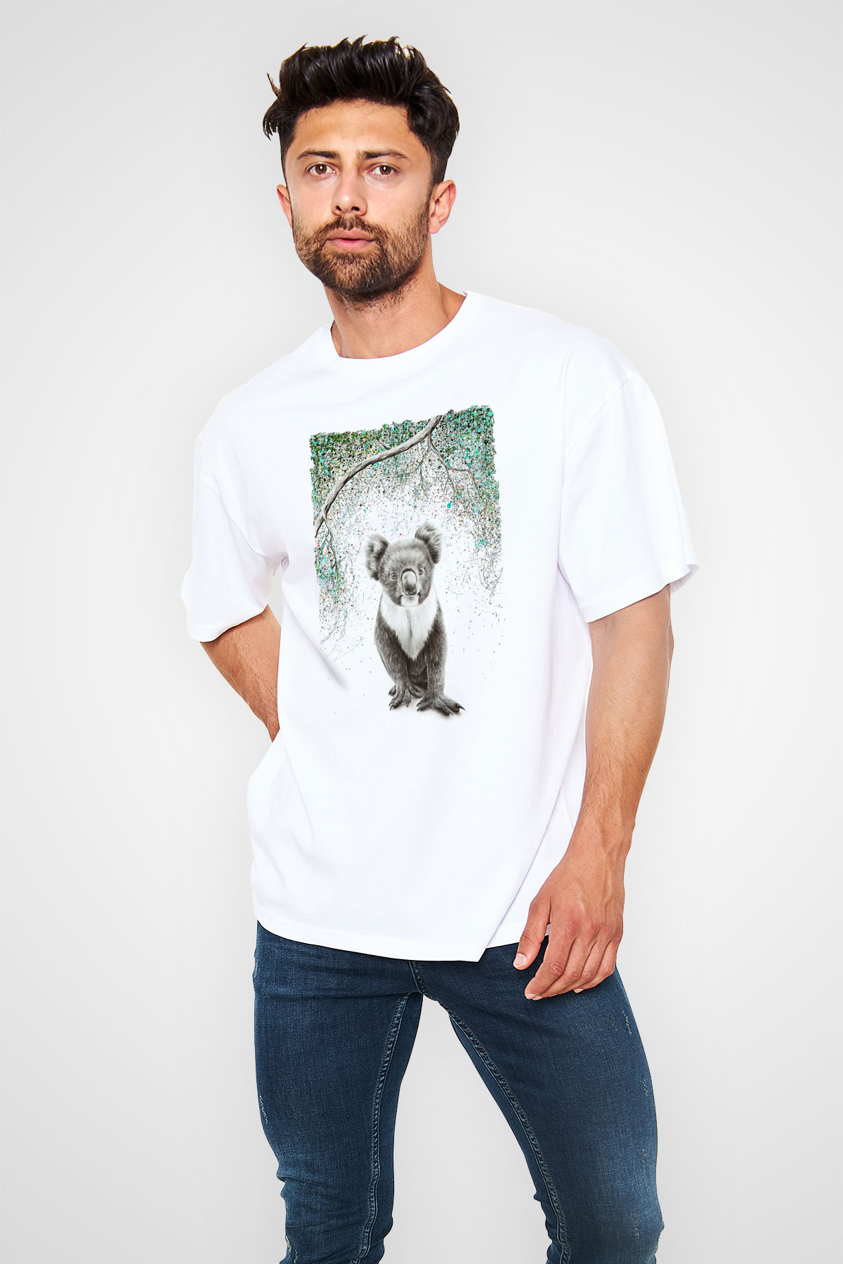 Koala Baskılı Beyaz Unisex Oversize Tişört - Tshirt