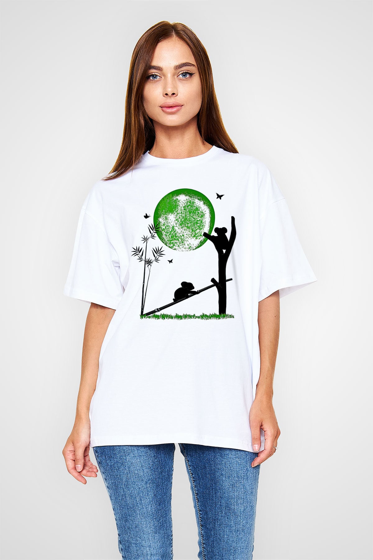 Koala Baskılı Beyaz Unisex Oversize Tişört - Tshirt