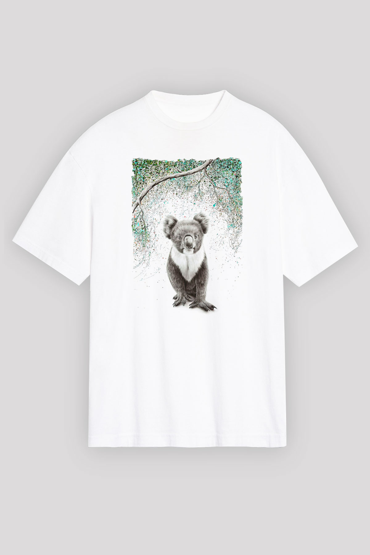 Koala Baskılı Beyaz Unisex Oversize Tişört - Tshirt
