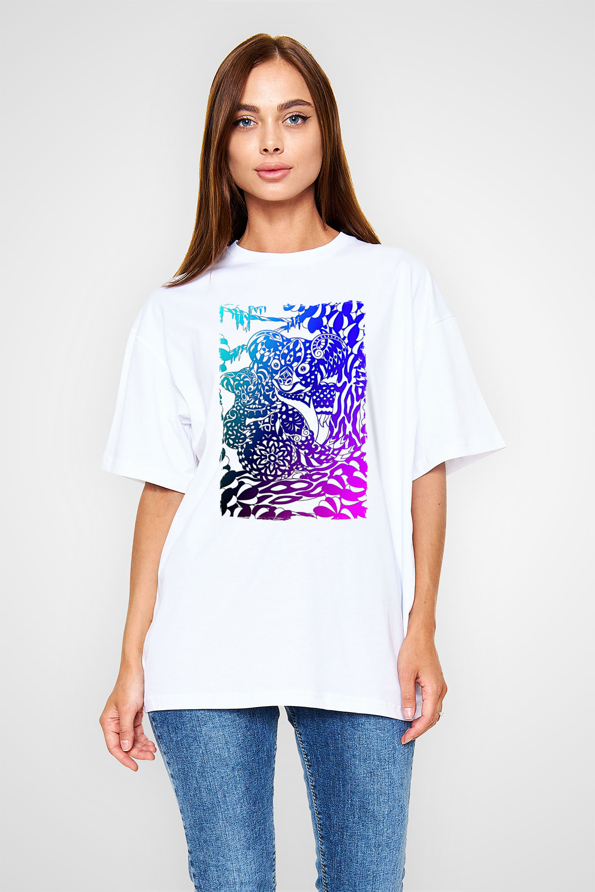 Koala Baskılı Beyaz Unisex Oversize Tişört - Tshirt