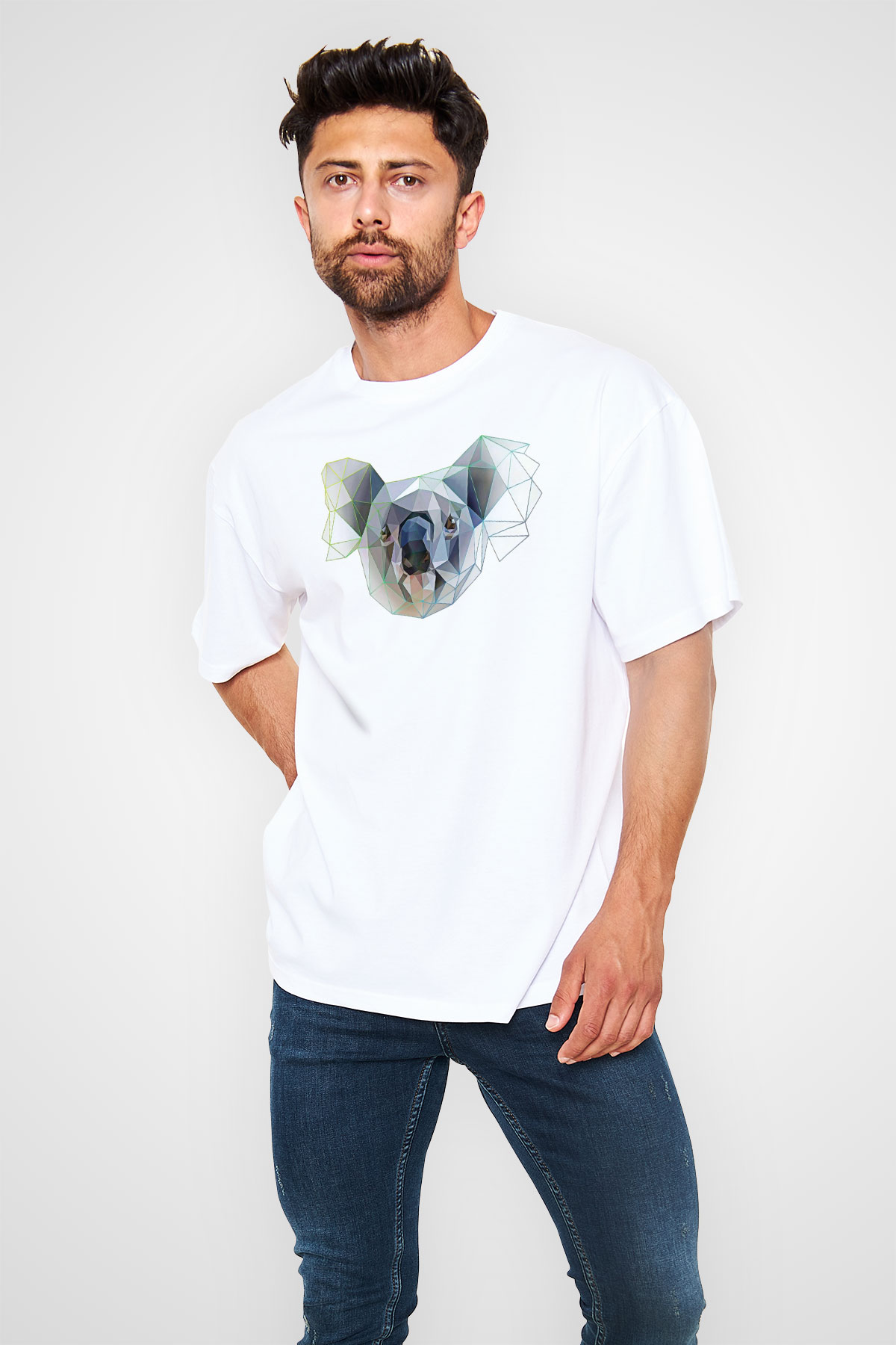 Koala Baskılı Beyaz Unisex Oversize Tişört - Tshirt
