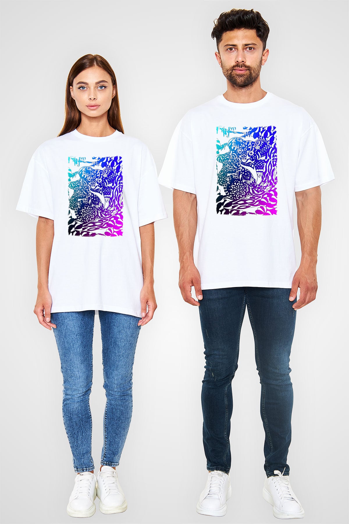 Koala Baskılı Beyaz Unisex Oversize Tişört - Tshirt