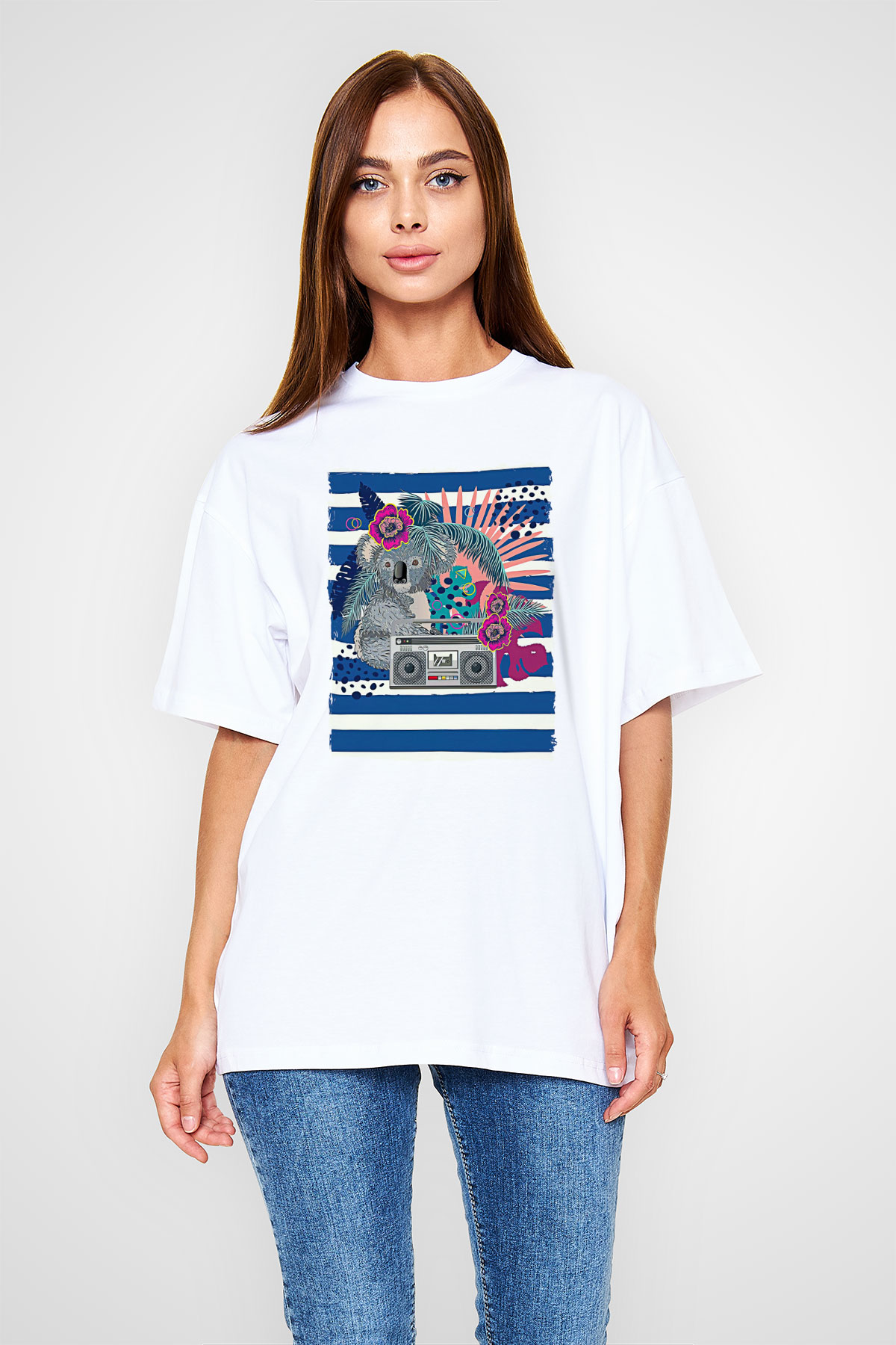 Koala Baskılı Beyaz Unisex Oversize Tişört - Tshirt