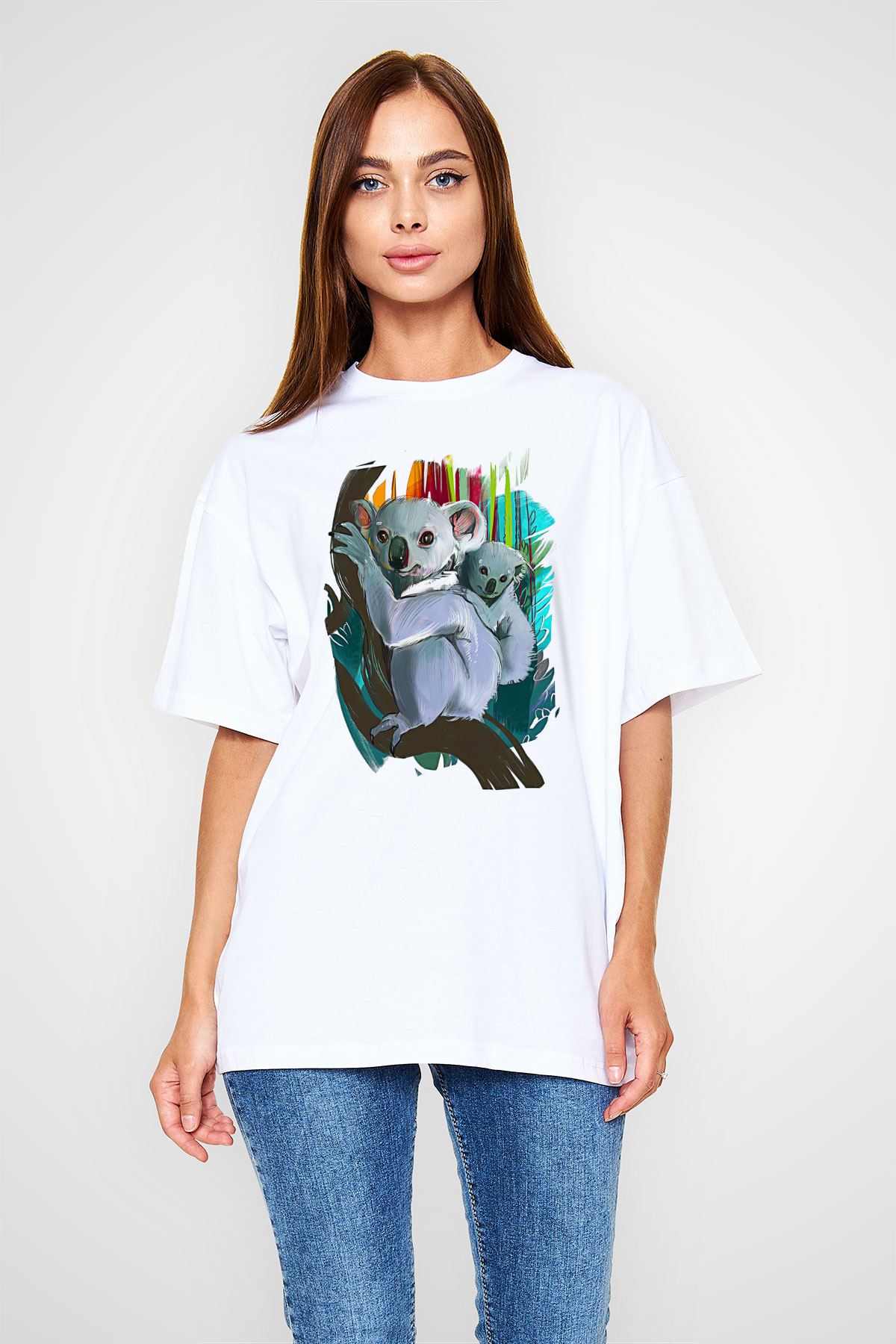 Koala Baskılı Beyaz Unisex Oversize Tişört - Tshirt