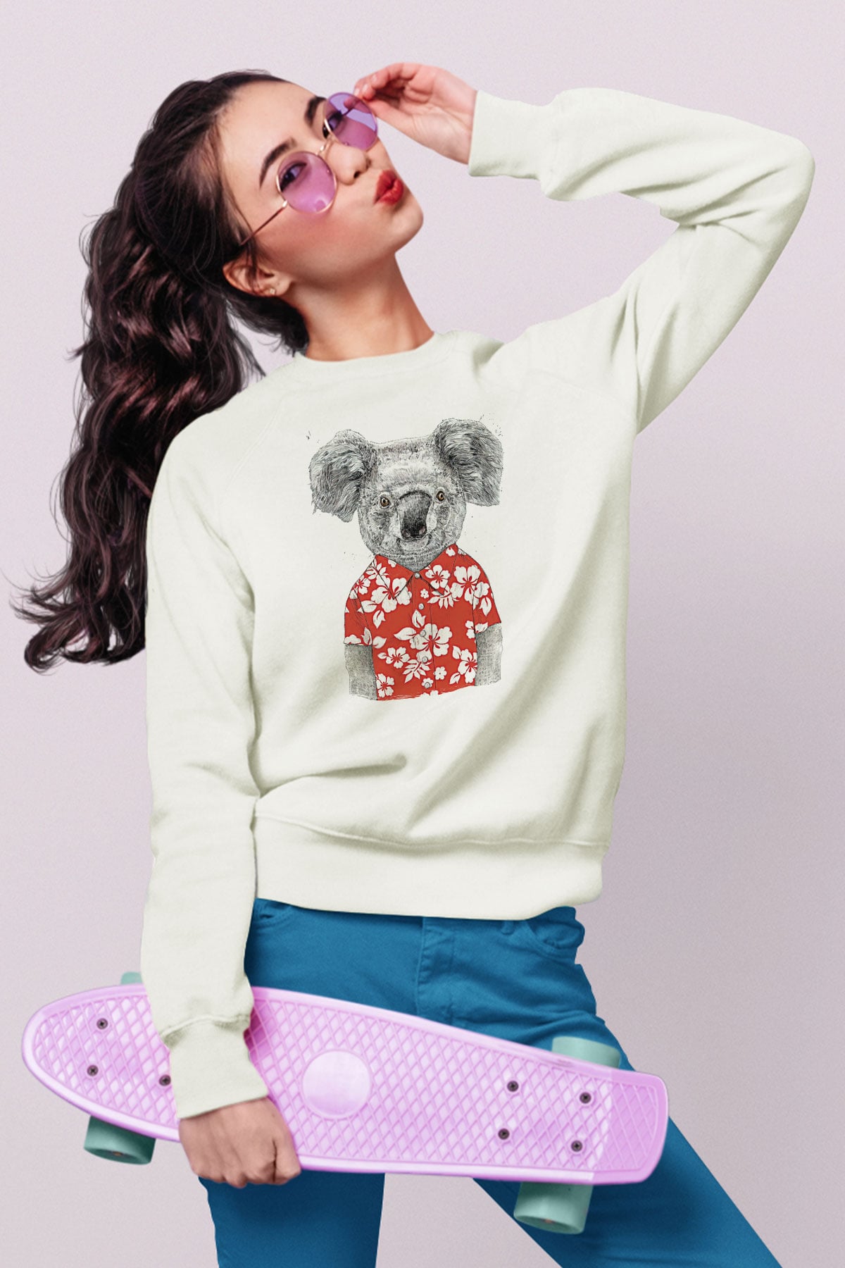 Koala Baskılı Beyaz Unisex Sweatshirt