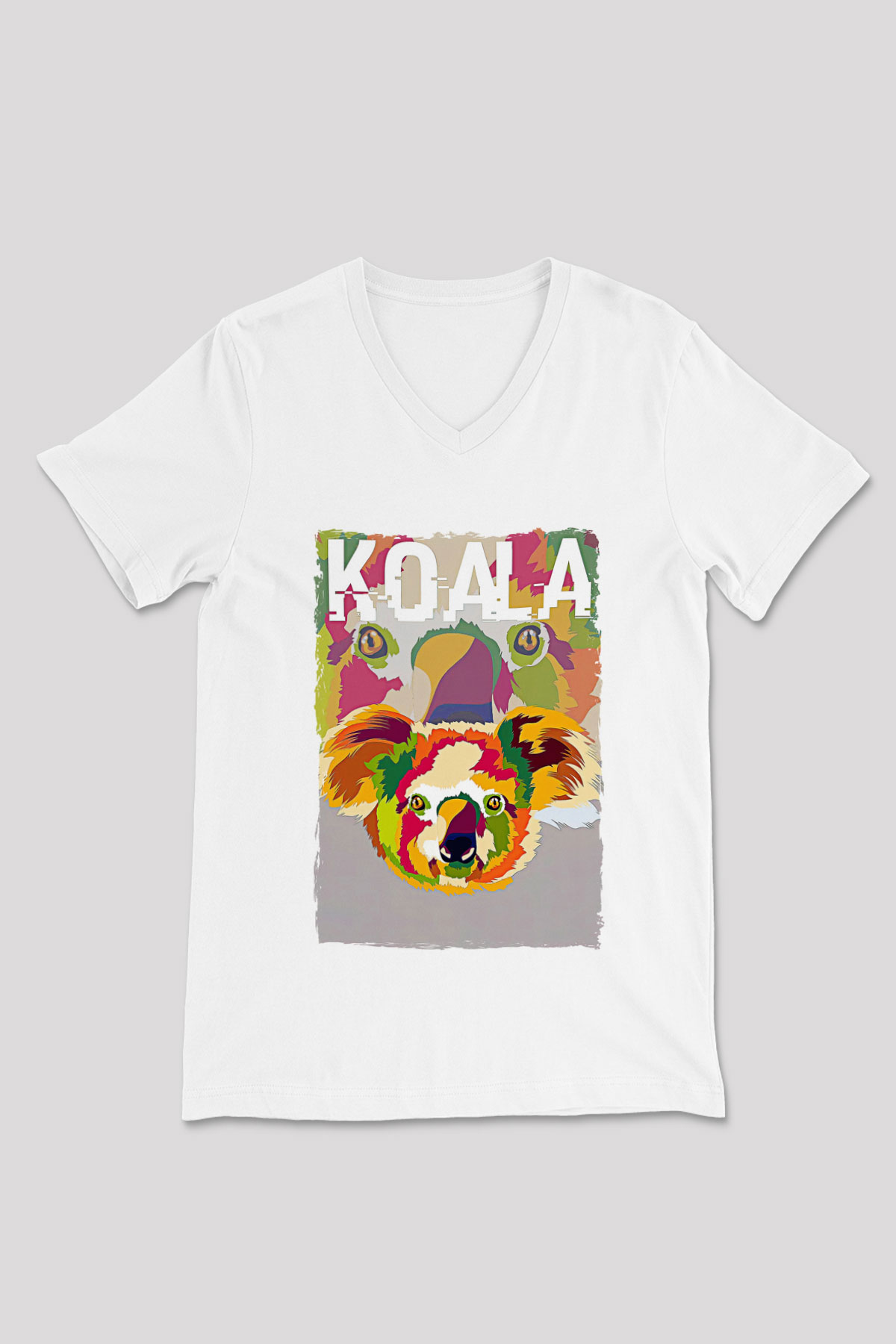 Koala Baskılı Beyaz Unisex V Yaka Tişört - Tshirt