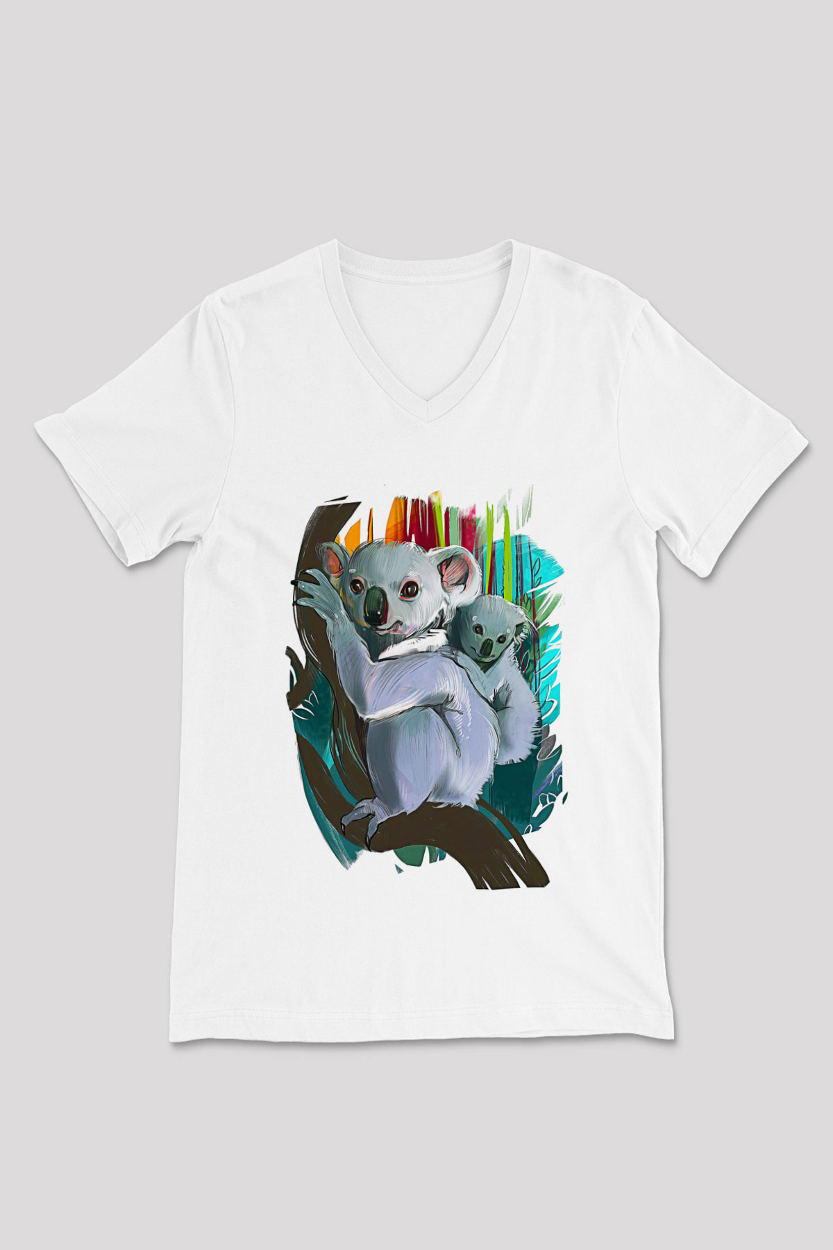 Koala Baskılı Beyaz Unisex V Yaka Tişört - Tshirt