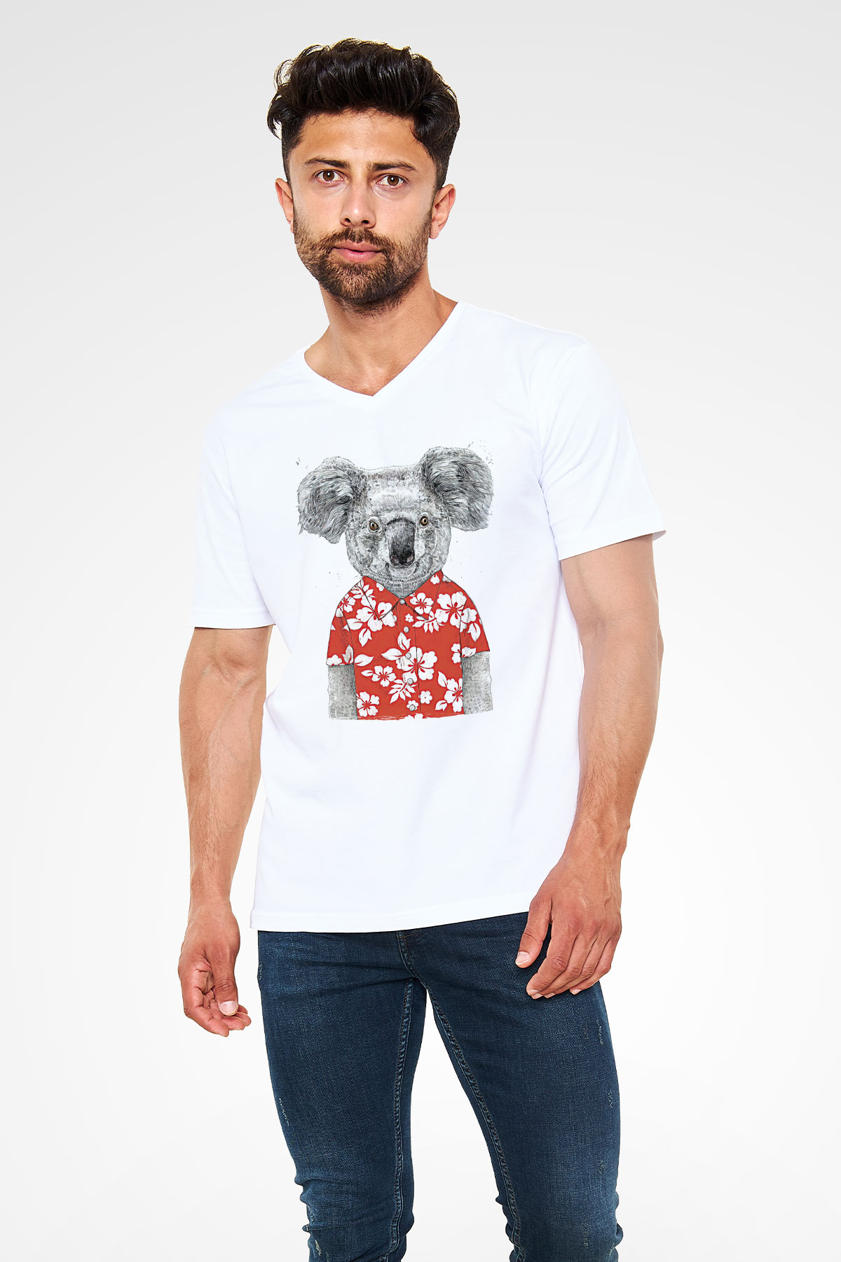 Koala Baskılı Beyaz Unisex V Yaka Tişört - Tshirt