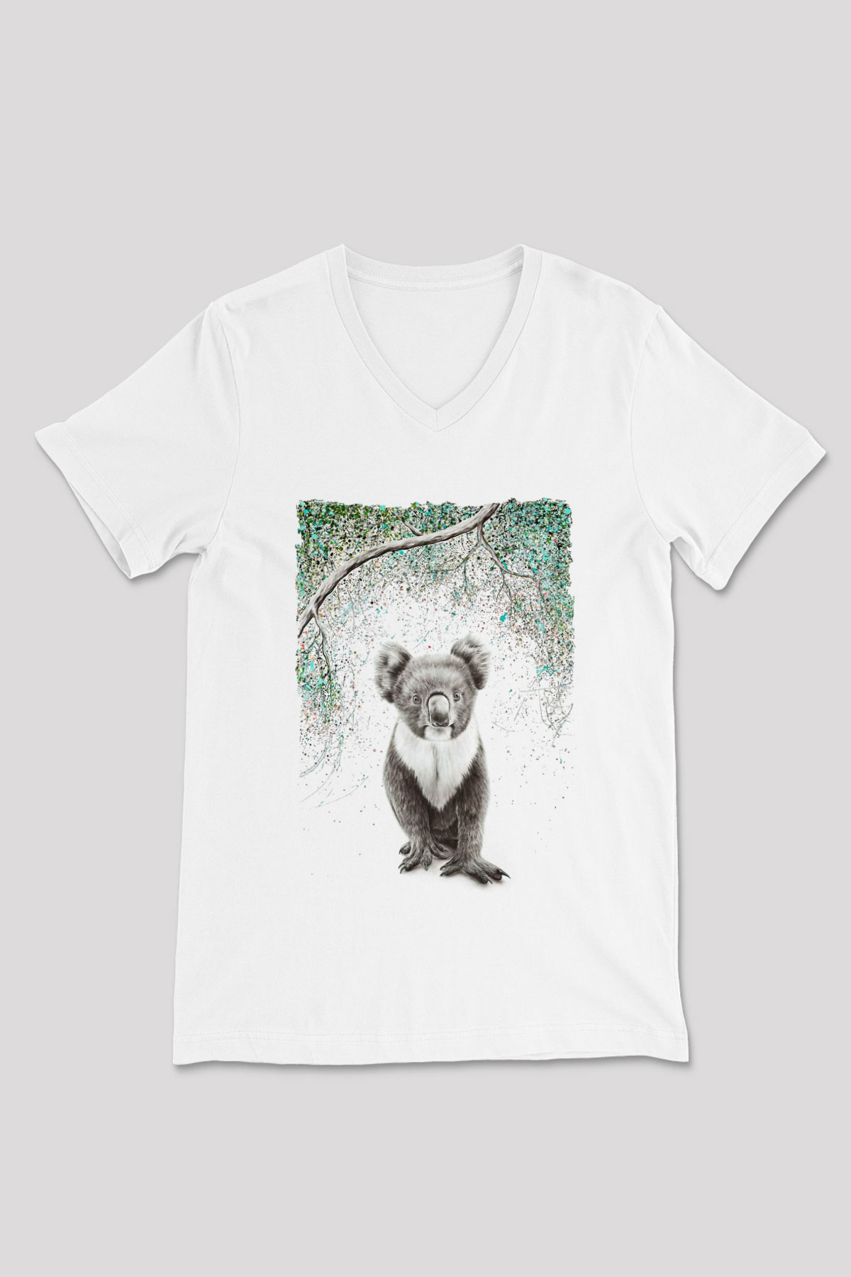 Koala Baskılı Beyaz Unisex V Yaka Tişört - Tshirt