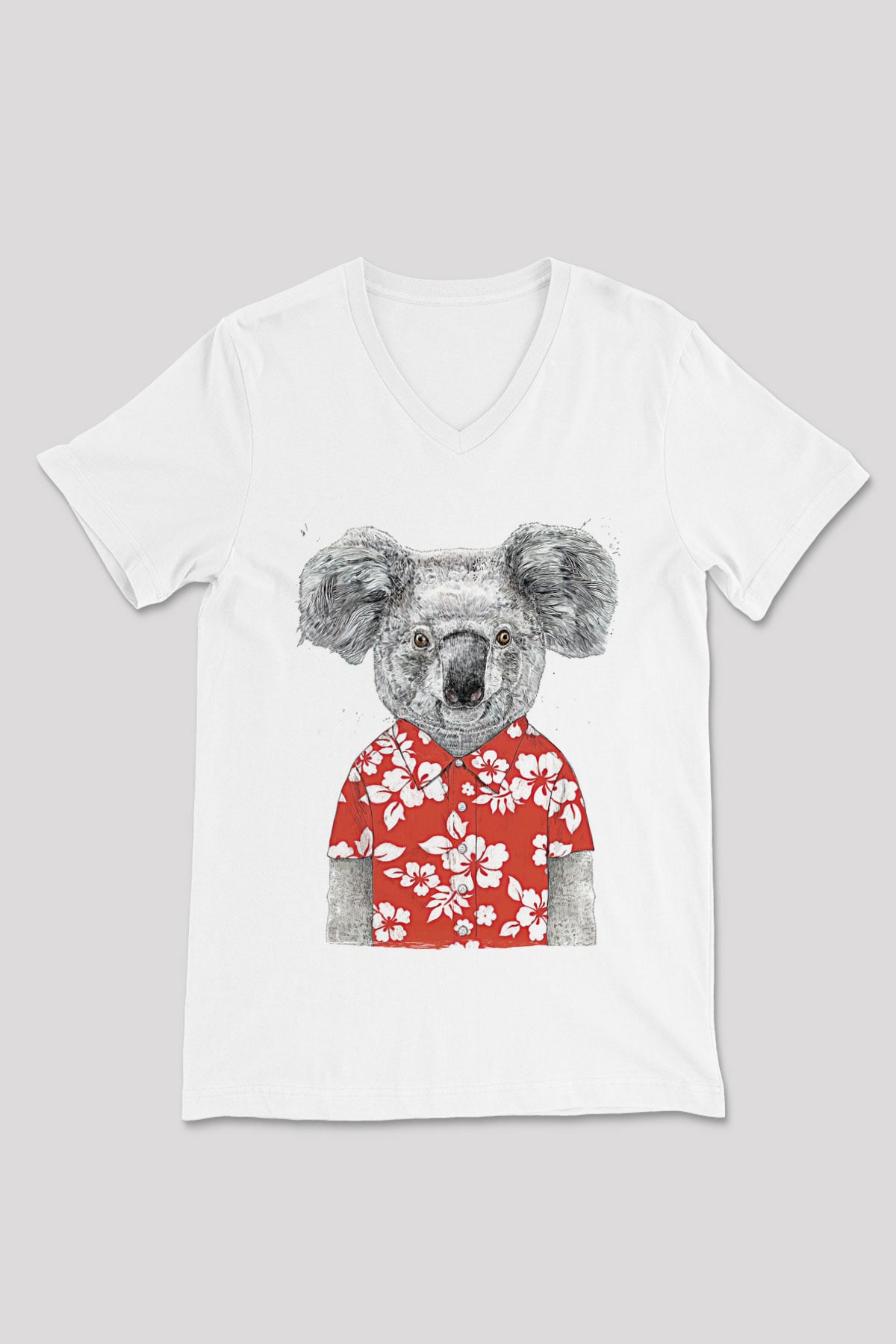 Koala Baskılı Beyaz Unisex V Yaka Tişört - Tshirt