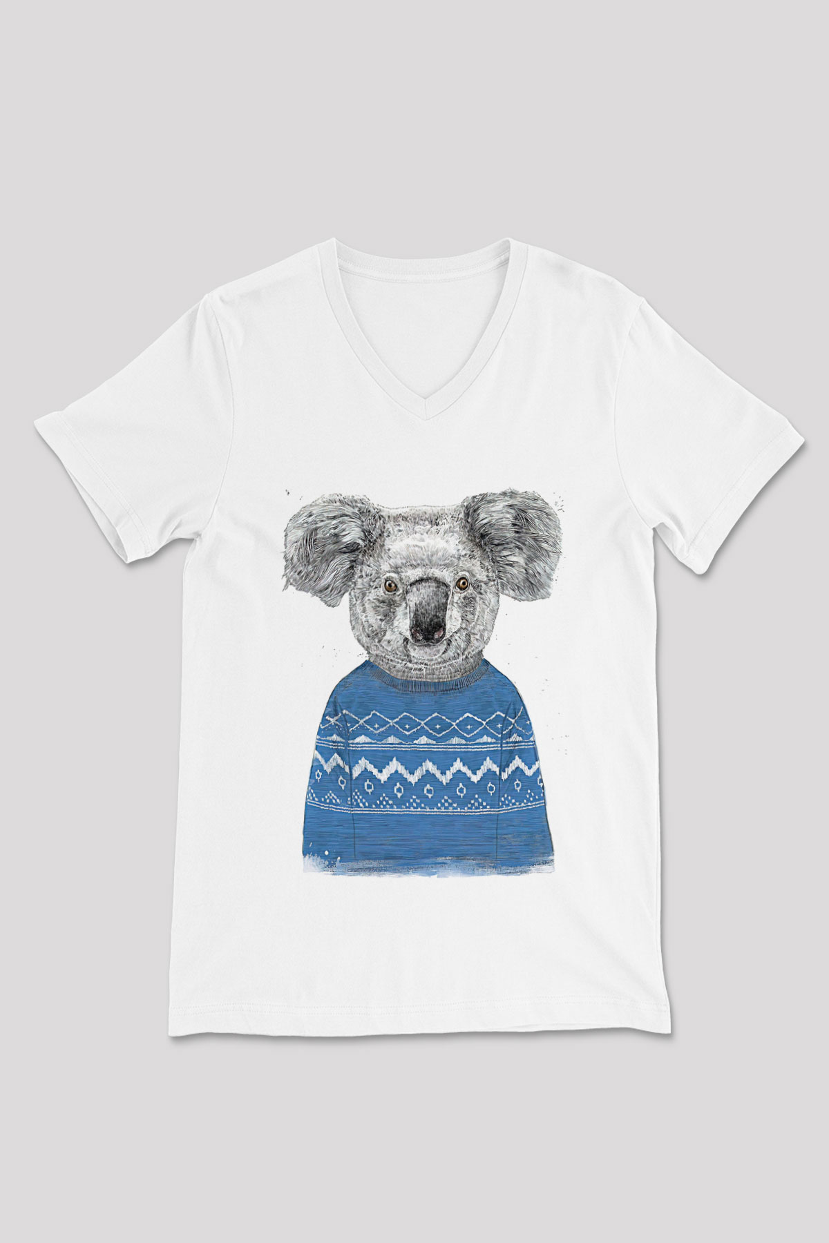 Koala Baskılı Beyaz Unisex V Yaka Tişört - Tshirt
