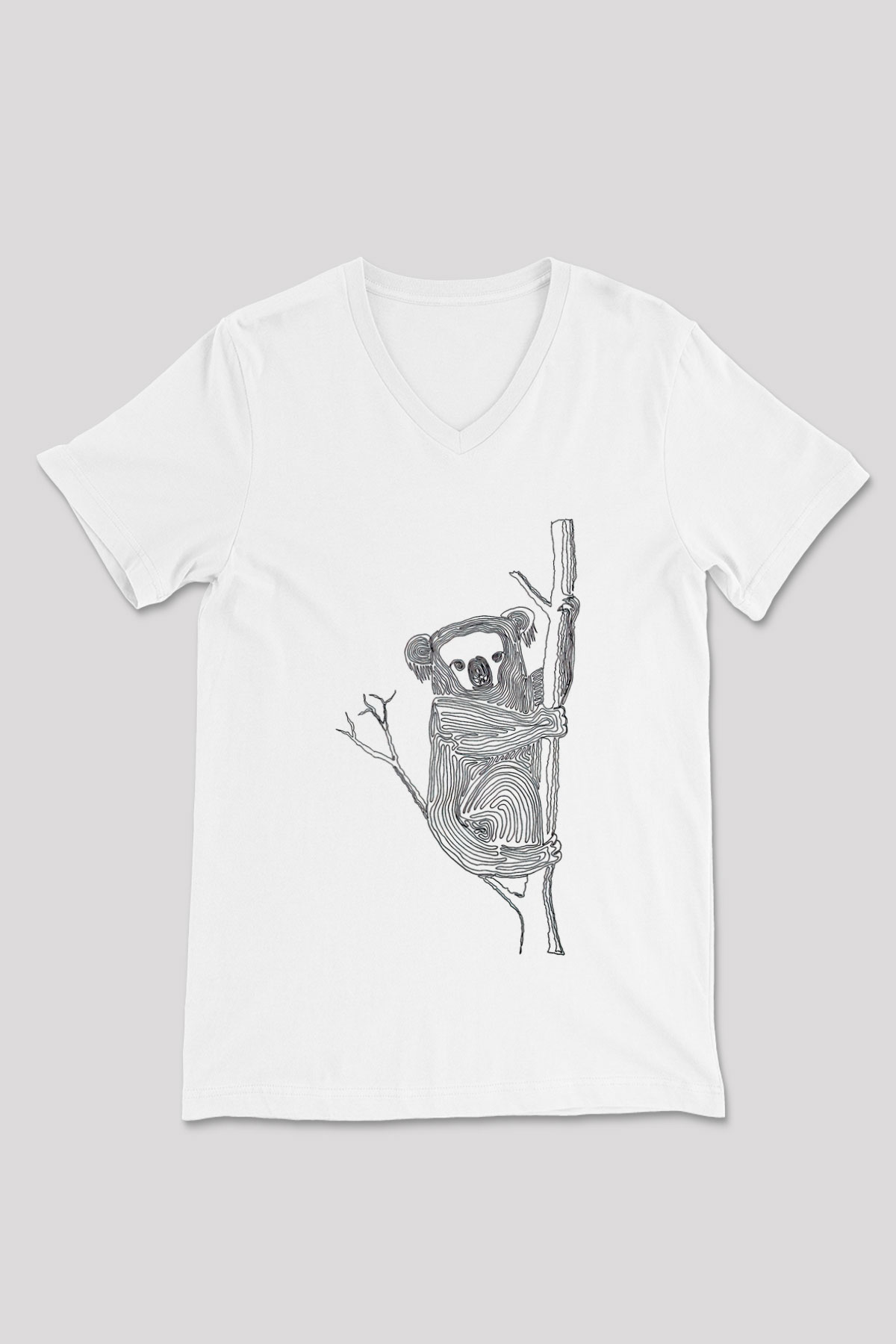 Koala Baskılı Beyaz Unisex V Yaka Tişört - Tshirt