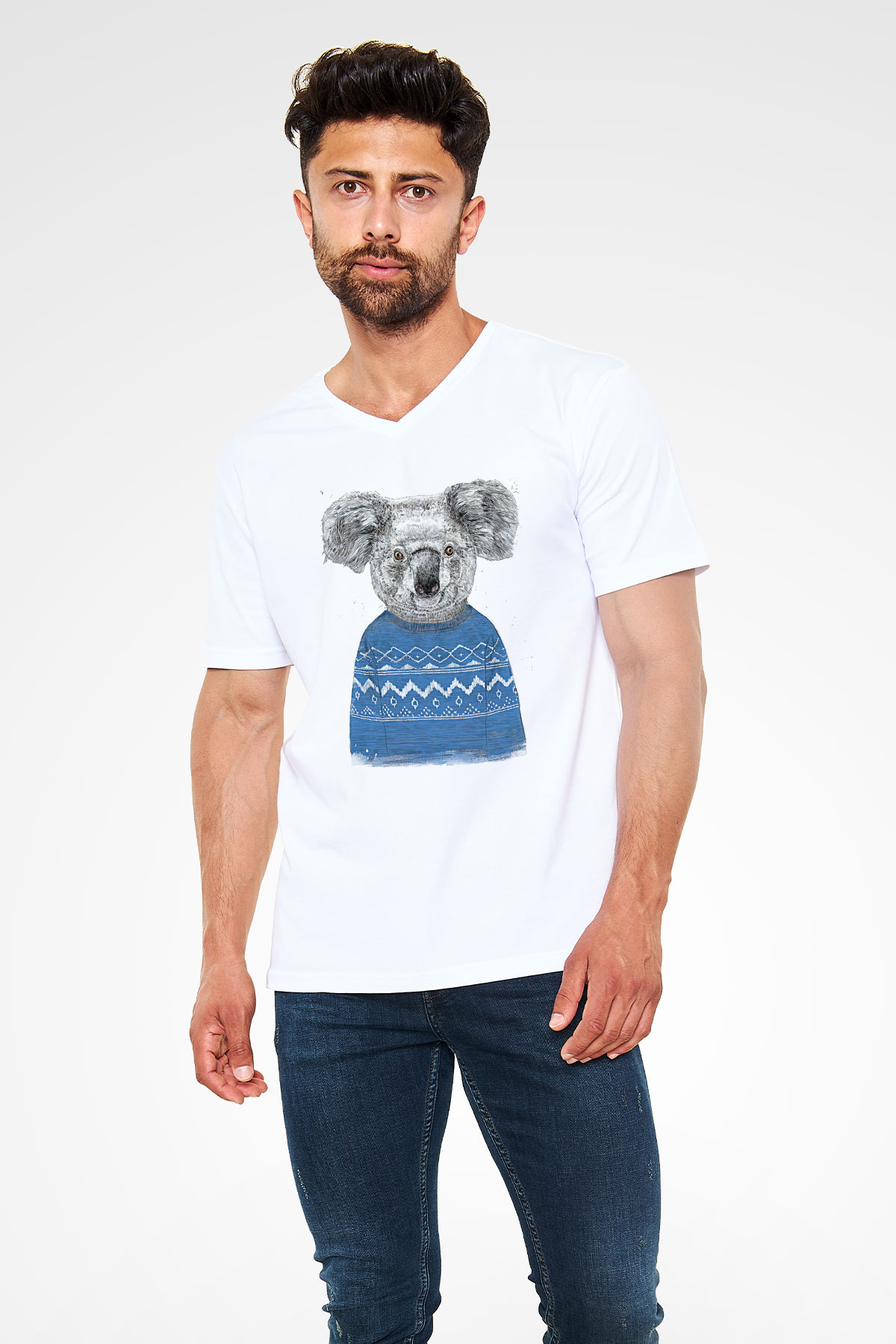 Koala Baskılı Beyaz Unisex V Yaka Tişört - Tshirt