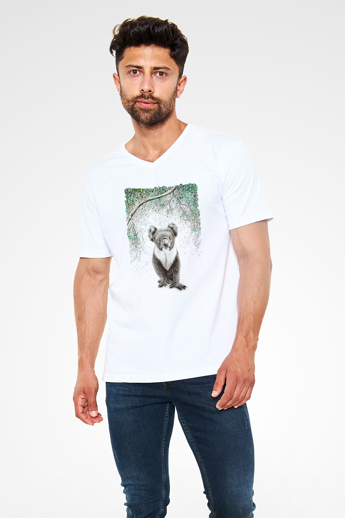 Koala Baskılı Beyaz Unisex V Yaka Tişört - Tshirt