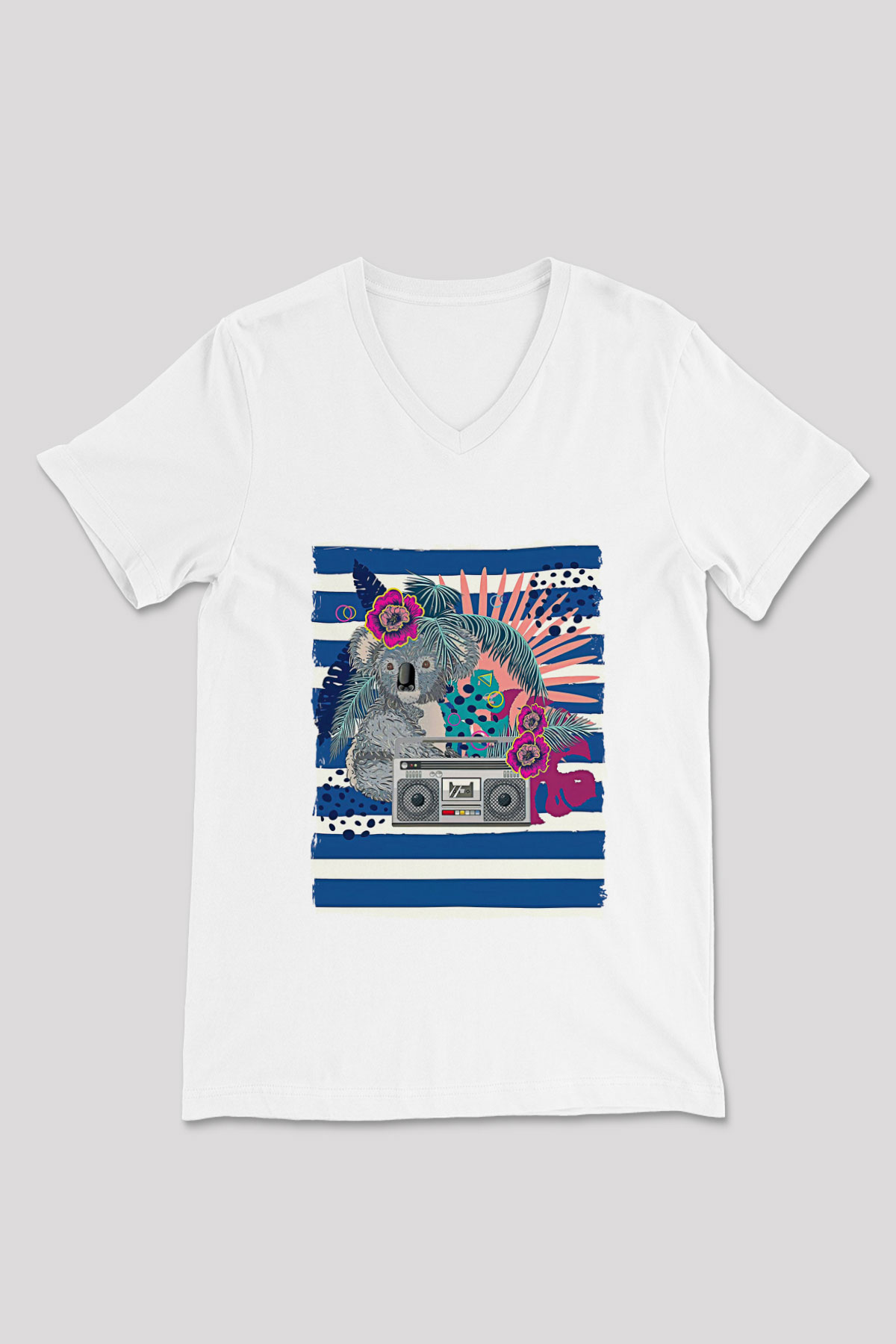 Koala Baskılı Beyaz Unisex V Yaka Tişört - Tshirt