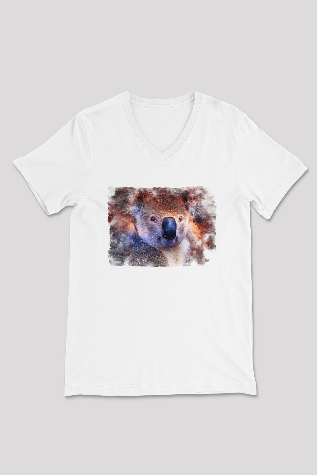 Koala Baskılı Beyaz Unisex V Yaka Tişört - Tshirt