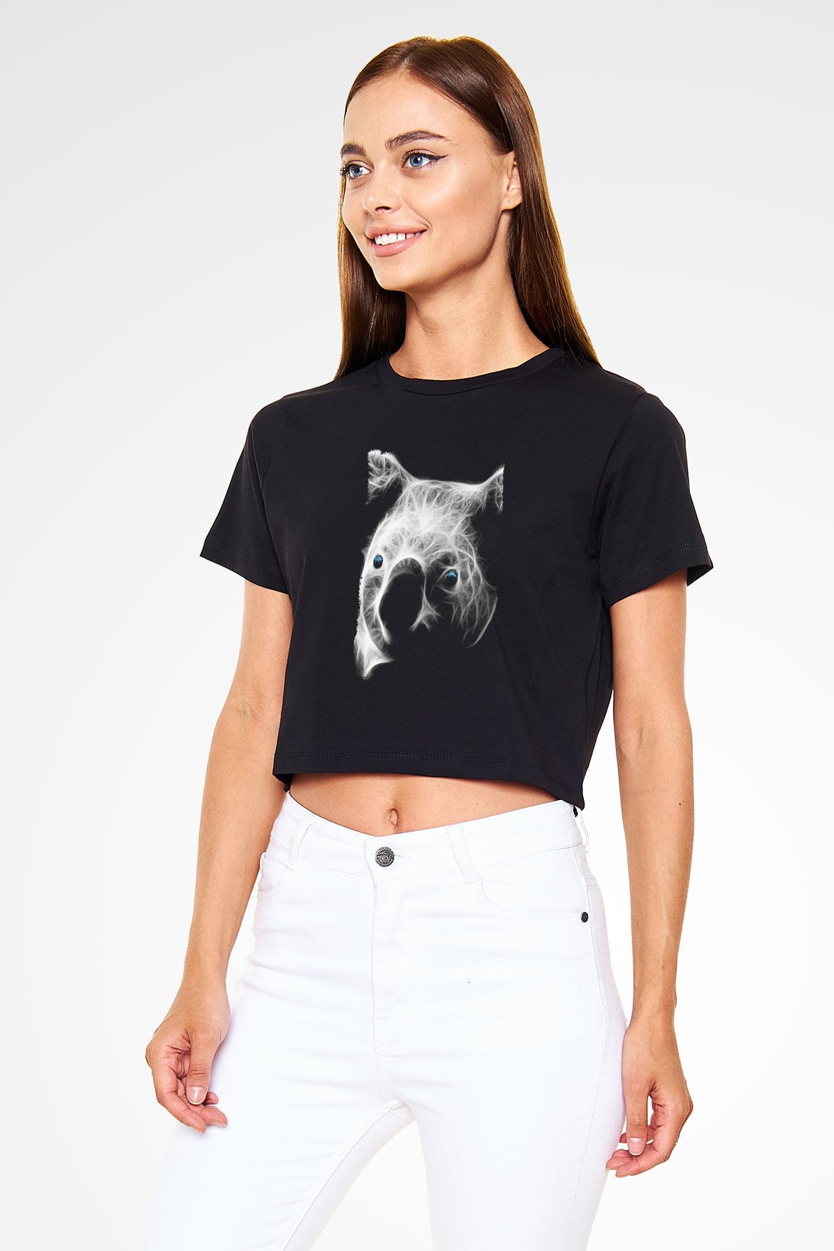 Koala Baskılı Siyah Crop Top Kadın Tişört - Tshirt
