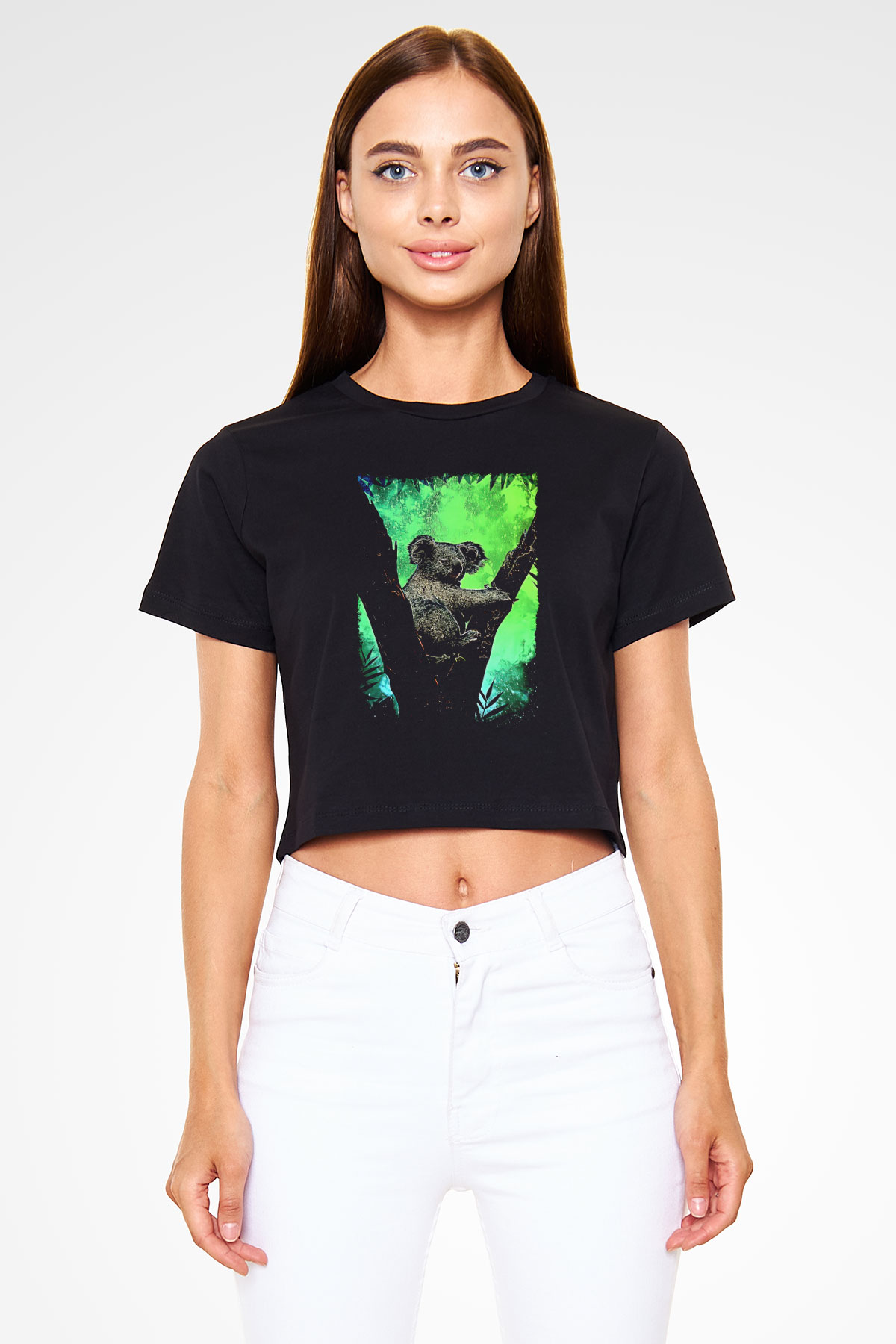 Koala Baskılı Siyah Crop Top Kadın Tişört - Tshirt